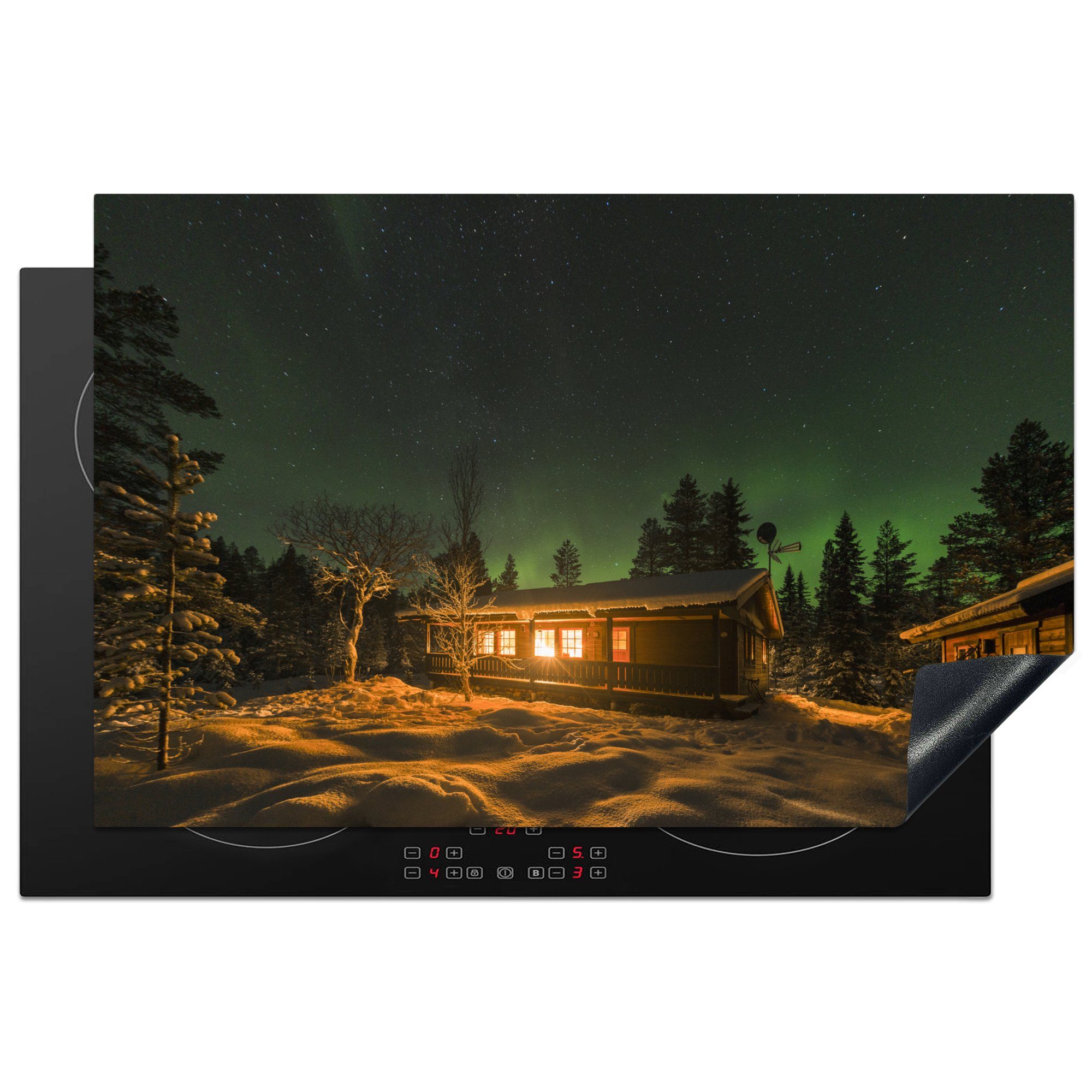 MuchoWow Herdblende-/Abdeckplatte Nordlicht in einer Blockhütte in Schweden, Vinyl, (1 tlg), 81x52 cm, Induktionskochfeld Schutz für die küche, Ceranfeldabdeckung