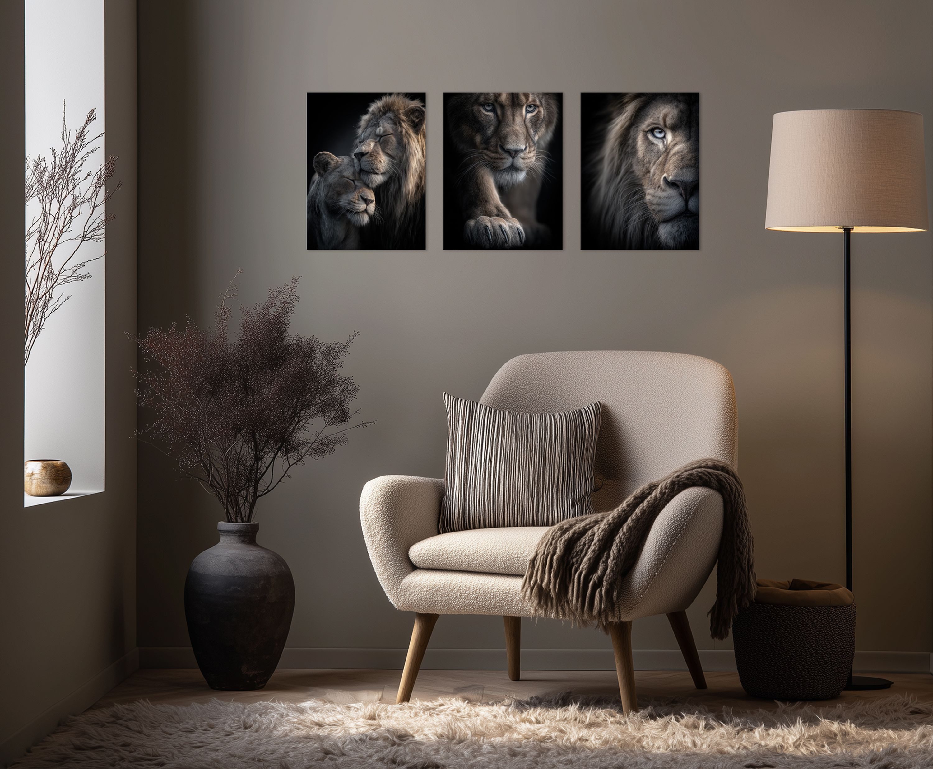 artissimo Mehrteilige Bilder Wandbilder-Set 3er-Set / moderne Wanddeko / Wohnzimmer Schlafzimmer, Tiere: Löwen-Portraits in schwarz braun – Bild 3 von 5