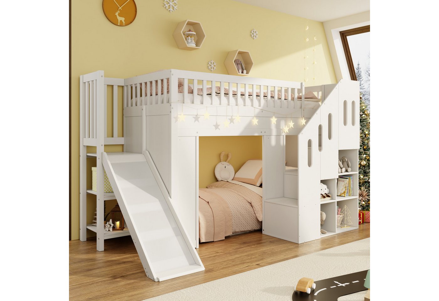 Merax Hochbett 90×200cm mit LED-Lichtleiste (1-St., Etagenbett Stockbett Jugendbett Einzelbett Hausbett) Massivholz Kinderbett mit Rutsche, Stauraumtreppe & Rausfallschutz