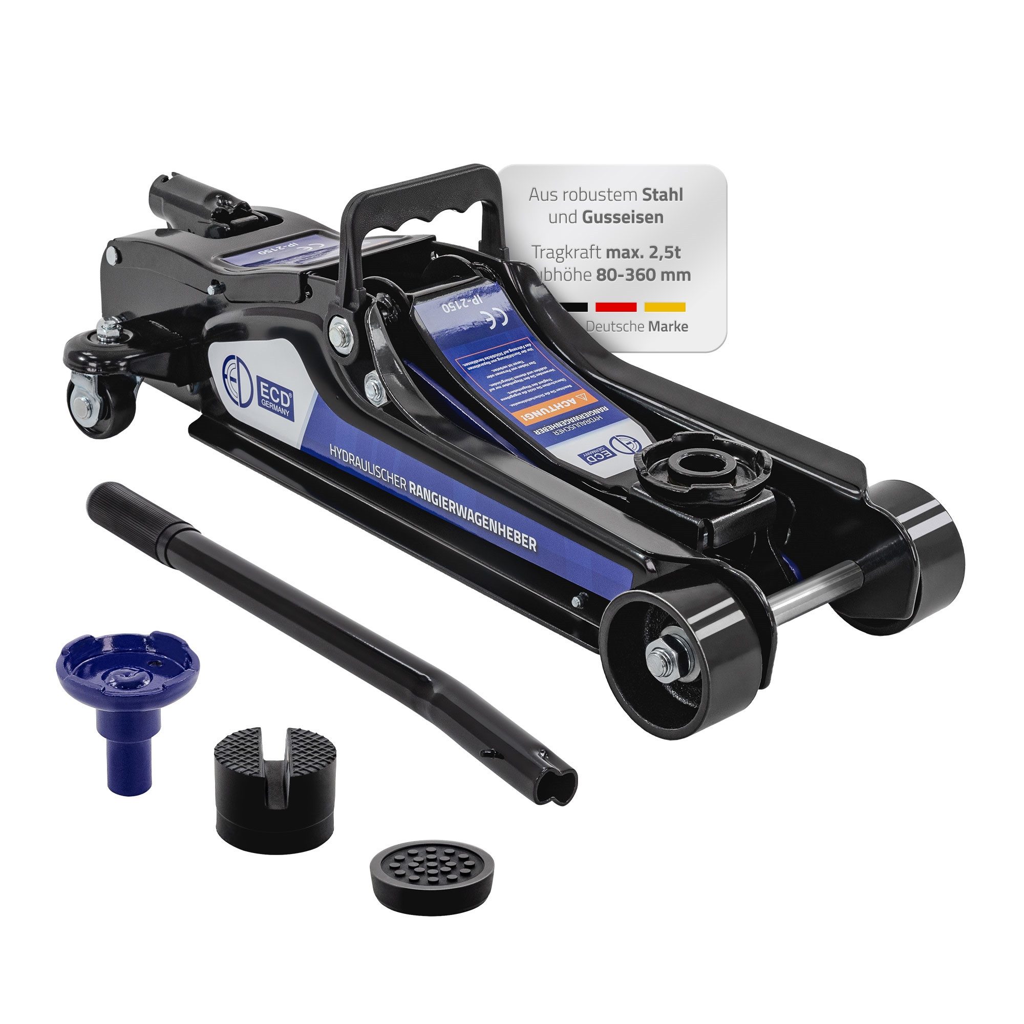 ECD Germany Unterstellbock Autoheber mit 2 Gummiauflagen PKW Rangierwagenheber für Haus Werkstatt, 2500 kg max. Belastbarkeit, (1-St), Wagenheber hydraulisch 360° rollen Flache Hubhöhe 80-360mm SUV-Adapter von ECD Germany