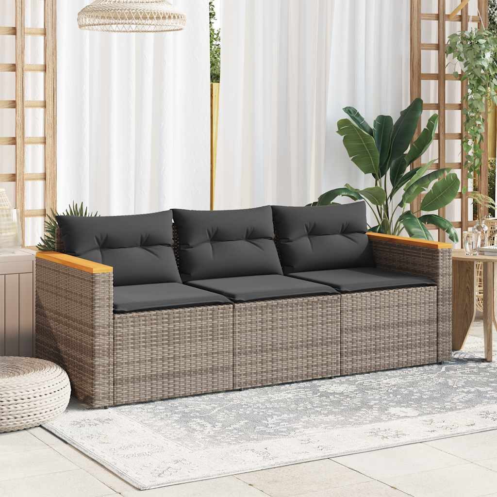 vidaXL Loungesofa Gartensofa mit Kissen 3-Sitzer Grau Poly Rattan, 1 Teile