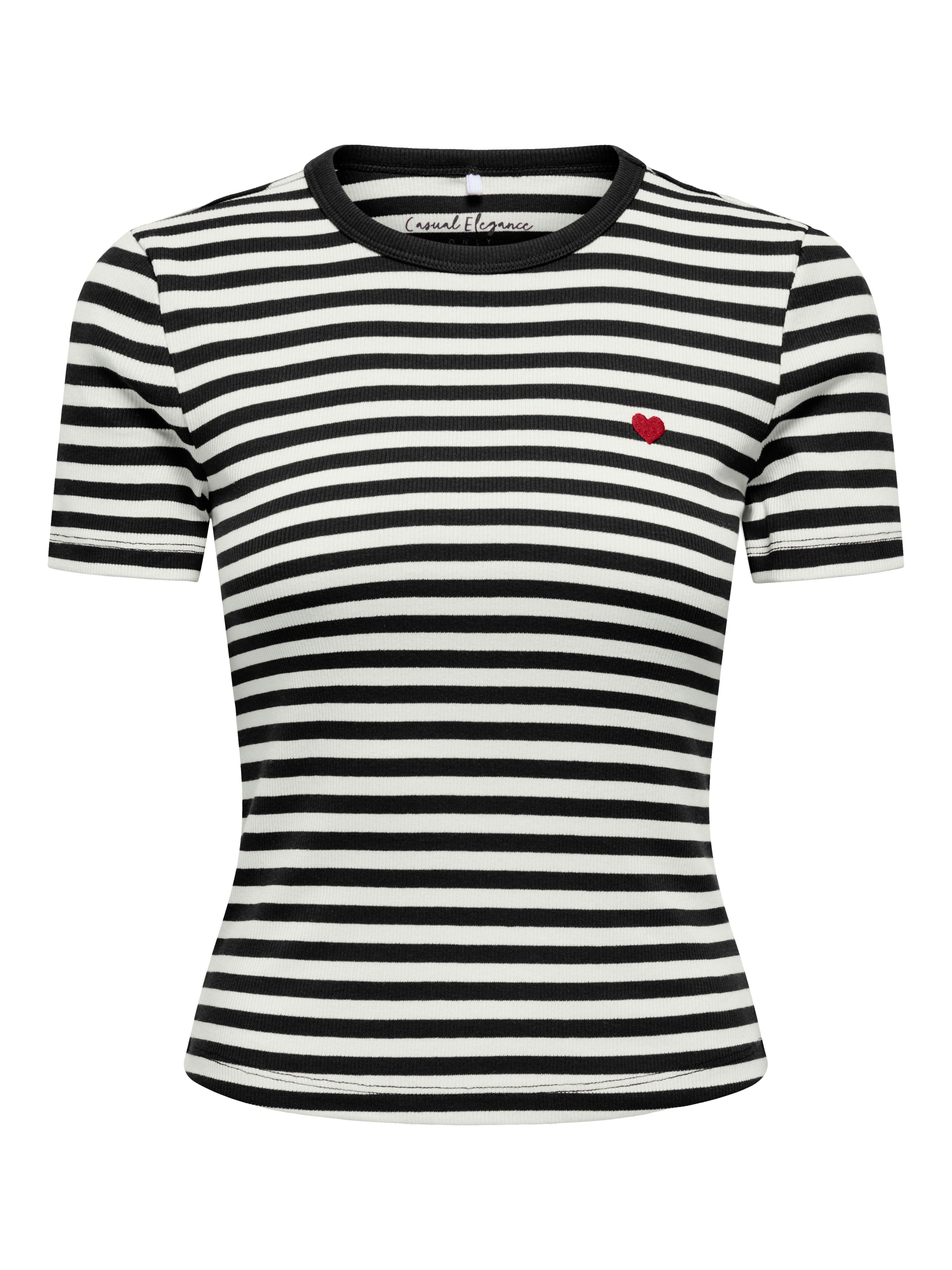 ONLY Kurzarmshirt ONLVAL S/S O-NECK STRIPE TOP JRS Baumwollmischung, regular fit, kleine Herz Stickerei