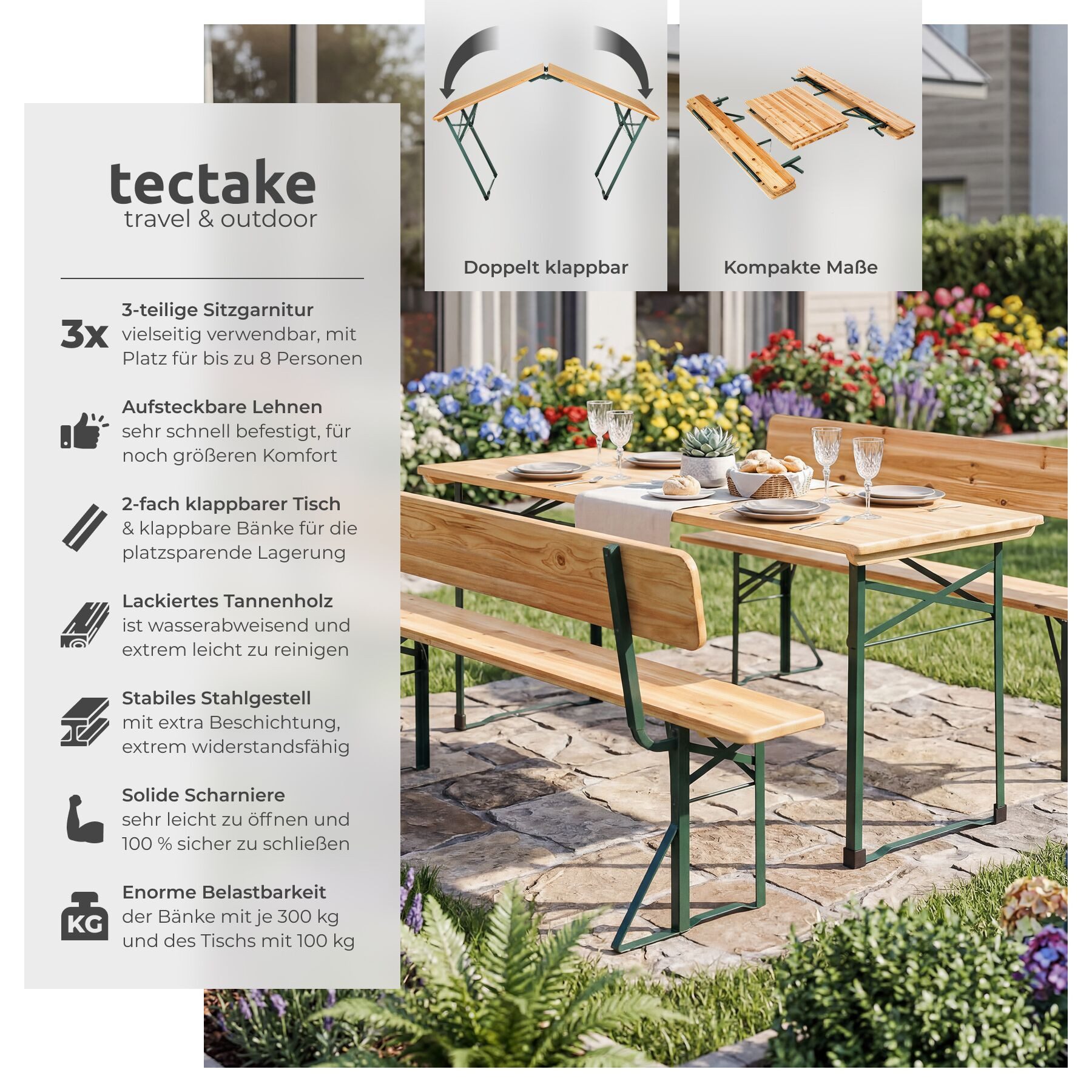 tectake Bierzeltgarnitur Festzeltmöbel - Franz II mit Rückenlehne aus Tannenholz, (Set., 3-tlg., Optik klassisch in Braun), Widerstandsfähige Stahlgestelle mit schützender Beschichtung