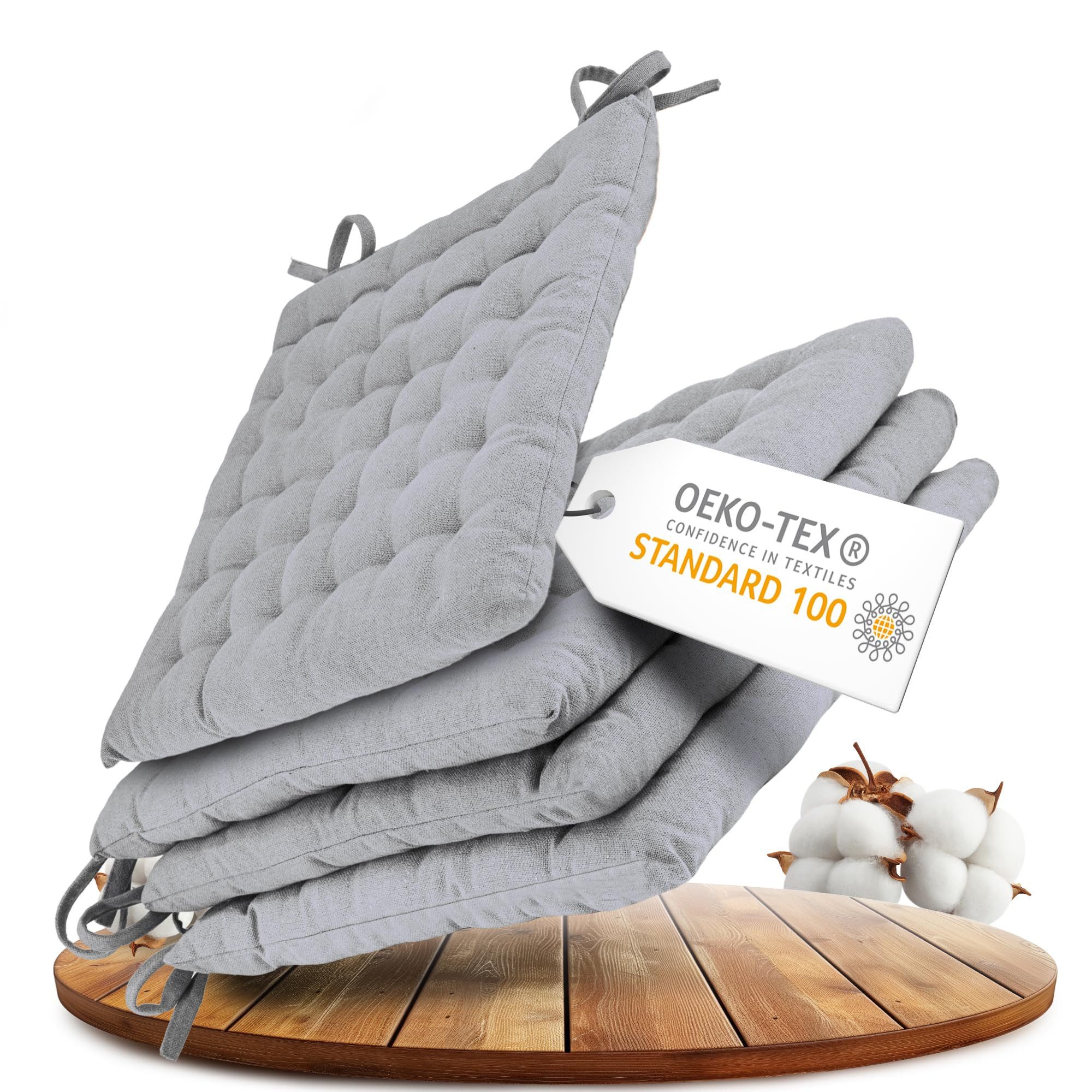 Gräfenstayn Stuhlkissen 4er-Set in 40x40cm und 5cm dicker Polsterung aus 100% Baumwolle, robustes Sitzkissen für Indoor & Outdoor, mit Haltebändern