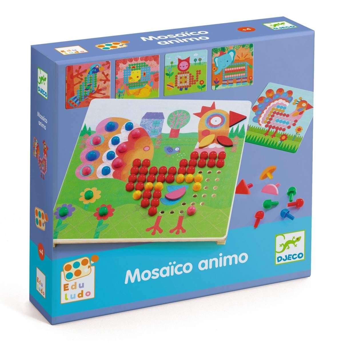 DJECO Lernspielzeug Mosaik Lernspiel für Kinder Holzbrett mit vielen Steckteilen Motiven