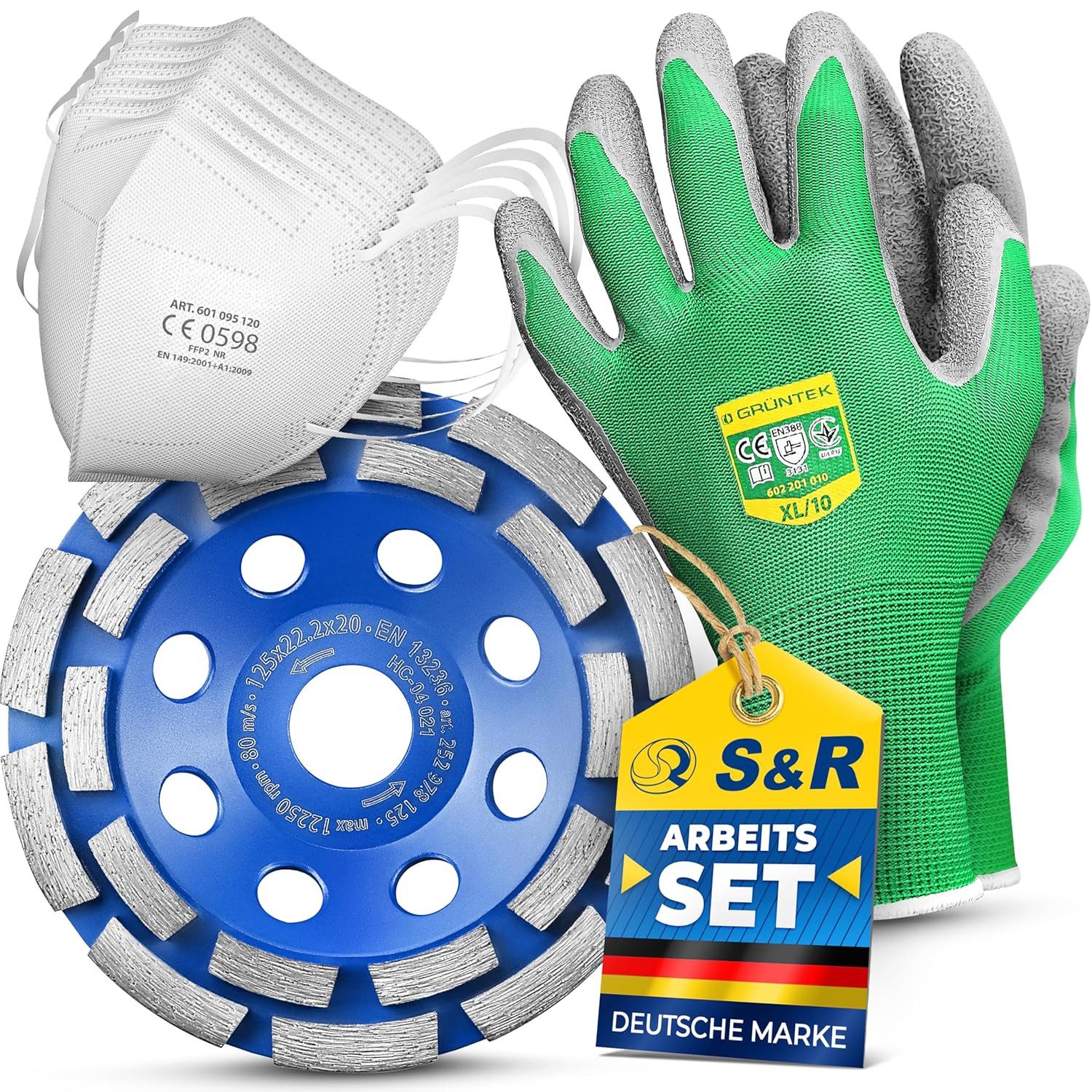 S&R Schleifscheibe Diamant-Schleiftopf 125 x 22,23 mm für Beton, Granit, Stein, Mauerwerk, (1 Stk. Schleiftopf, 1 Paar Arbeitshandschuhe, 5 Stk. Staubschutzmasken, Set), 2-reihig, verbesserte Segment-Formel, Winkelschleifer Schleifscheibe