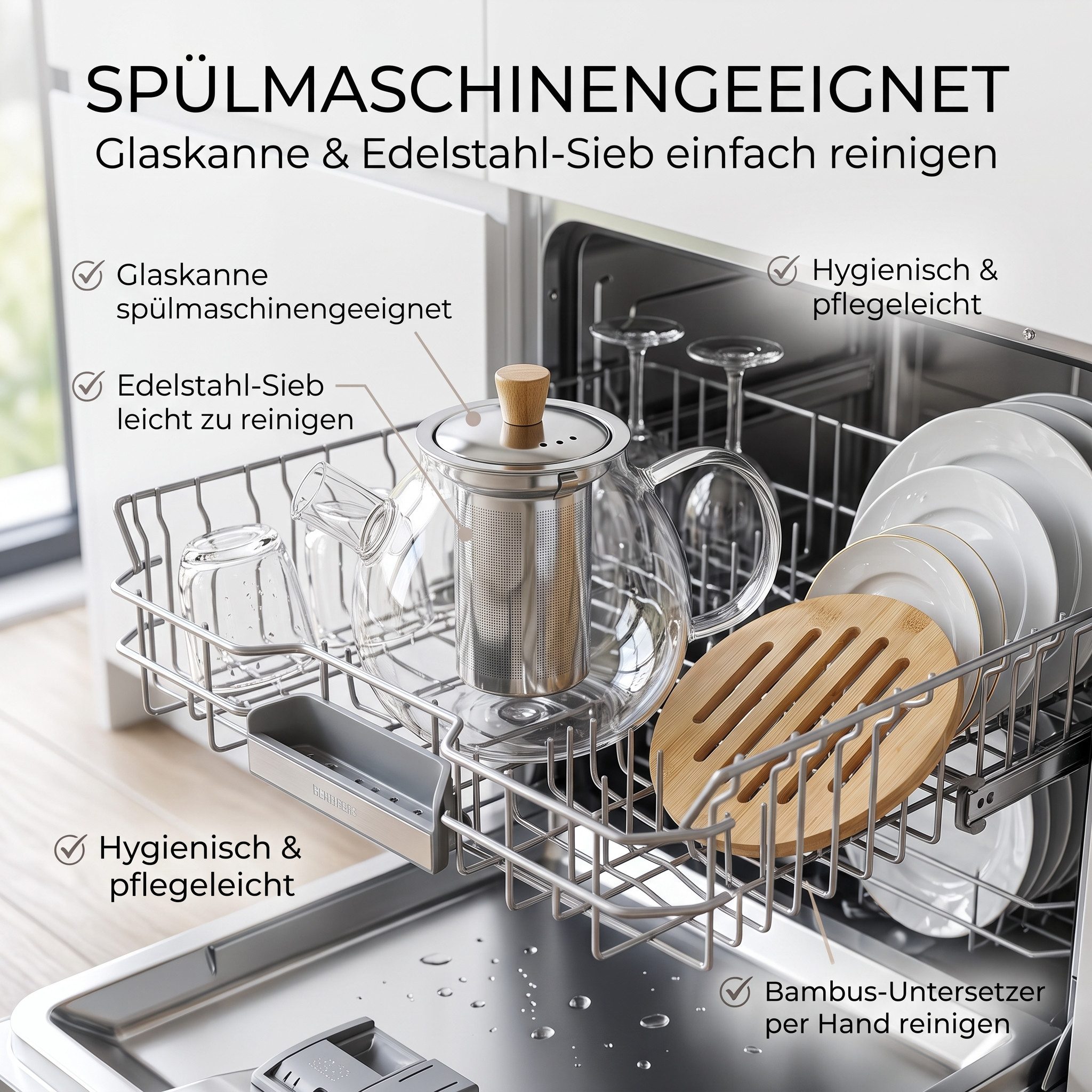 hausleben Teekanne Teekanne aus Glas mit Edelstahl-Sieb Unterteller Dobin – 1,5 Liter, (Set, 1-St., 1 Edelstahlsieb, 1 Teekanne, 1 Bambus-Untersetzer), Bambus U – Bild 4 von 5