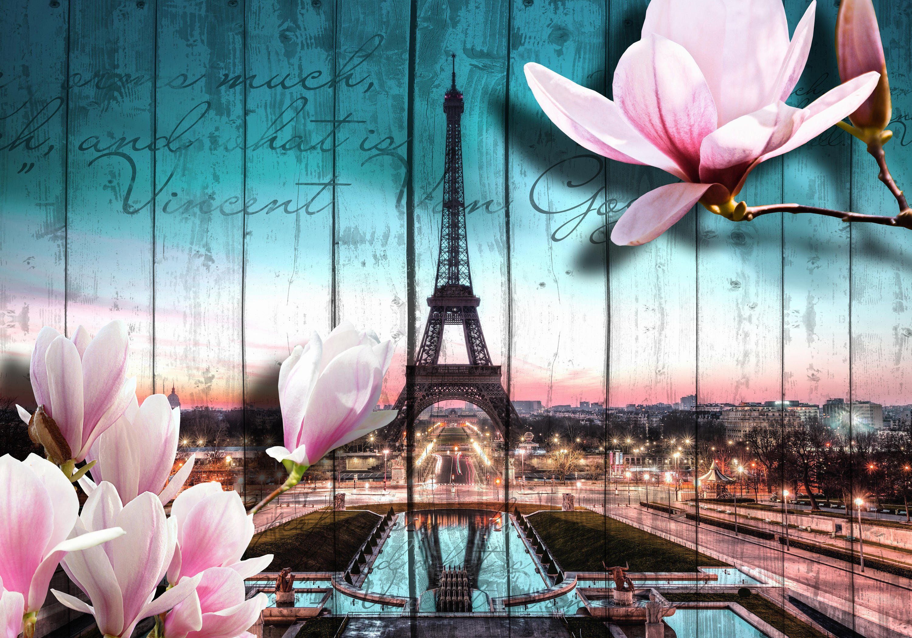 wandmotiv24 Fototapete Holz Blüten Paris Eiffelturm, glatt, Wandtapete, Motivtapete, matt, Vliestapete