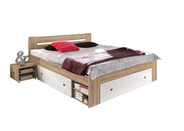 möbelando Stauraumbett Robina, Moderne Doppelbett Bettanlage 180 x 200 cm mit 2x Nachtkommoden - Schlafzimmer Komplett-Set in Eiche Sonoma Optik, weiß - 185 x 86 x 204 cm (B/H/T)