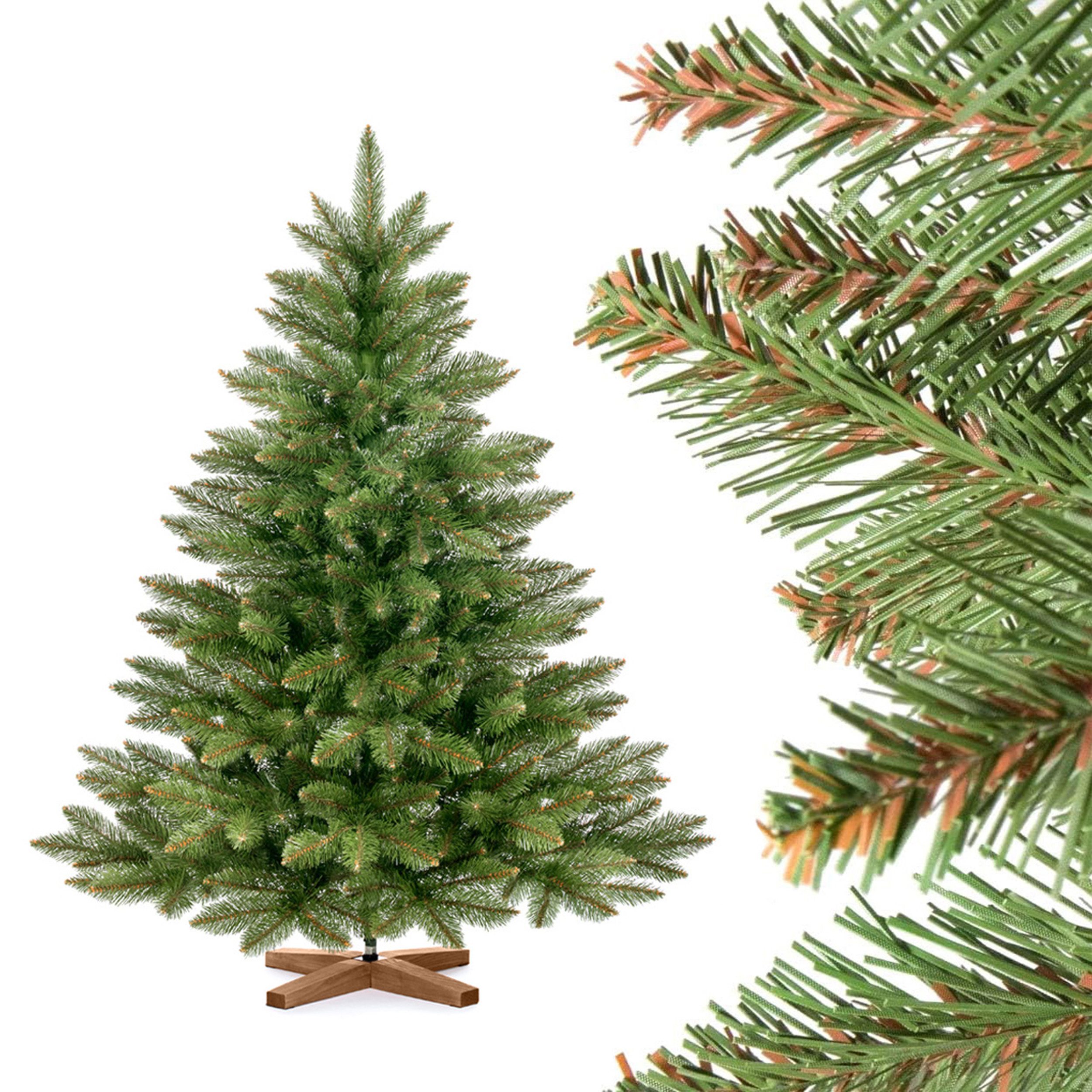Fairytrees Künstlicher Weihnachtsbaum FT14, Nordmanntanne, grüner Stamm, mit Echtholz Baumständer