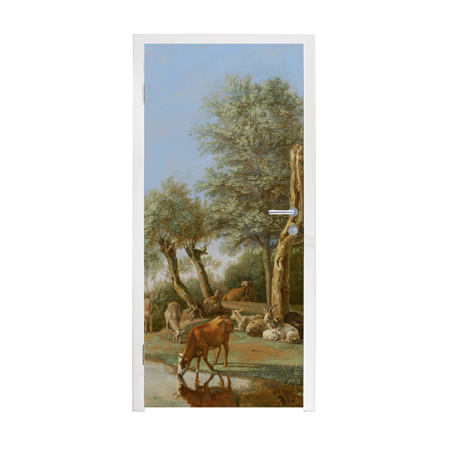 MuchoWow Türtapete Die spiegelnde Kuh - Gemälde von Paulus Potter, Matt, bedruckt, (1 St), Fototapete für Tür, Türaufkleber, 75x205 cm