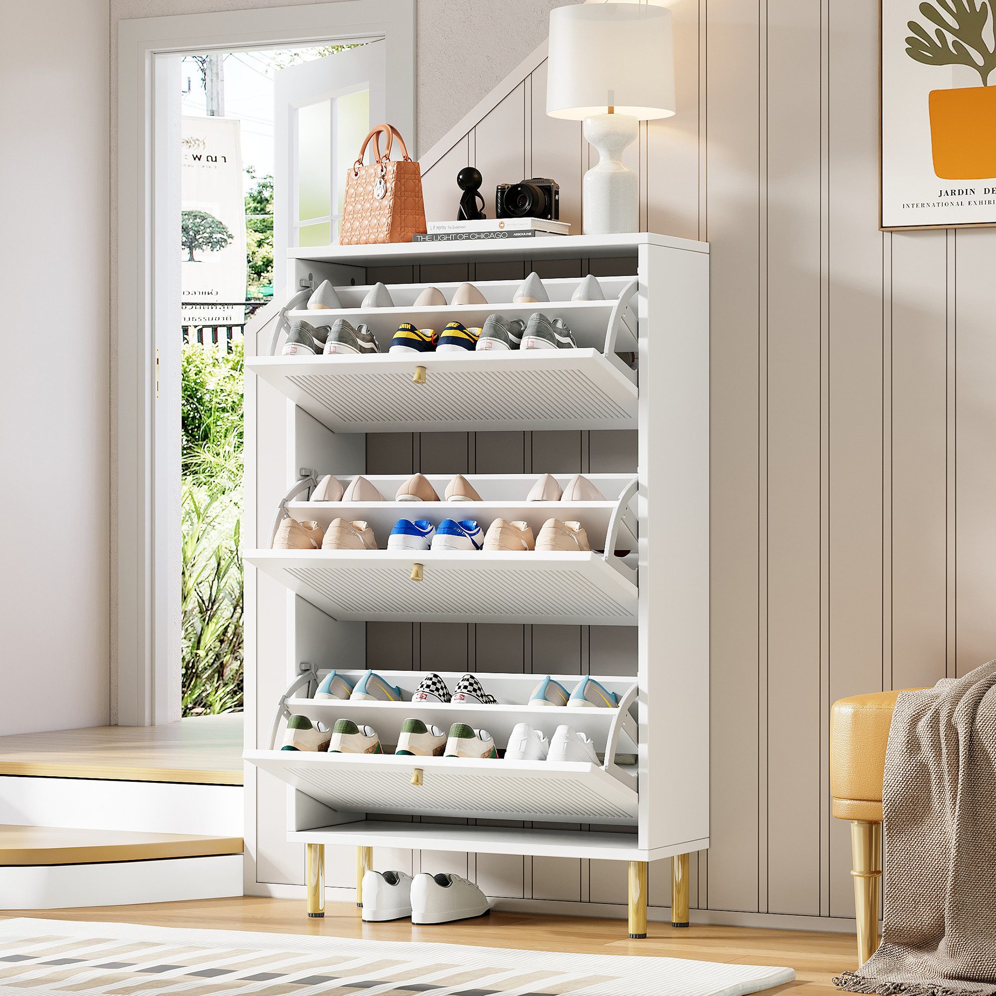 Flieks Schuhschrank mit 3 Klappen, goldfarbene Metallfüße und Metallgriffe (1-St., B73 x T23 x H125 cm) Schuhkommode Schuhkipper mit verstellbarer Einlegeböden  – Bild 4 von 5