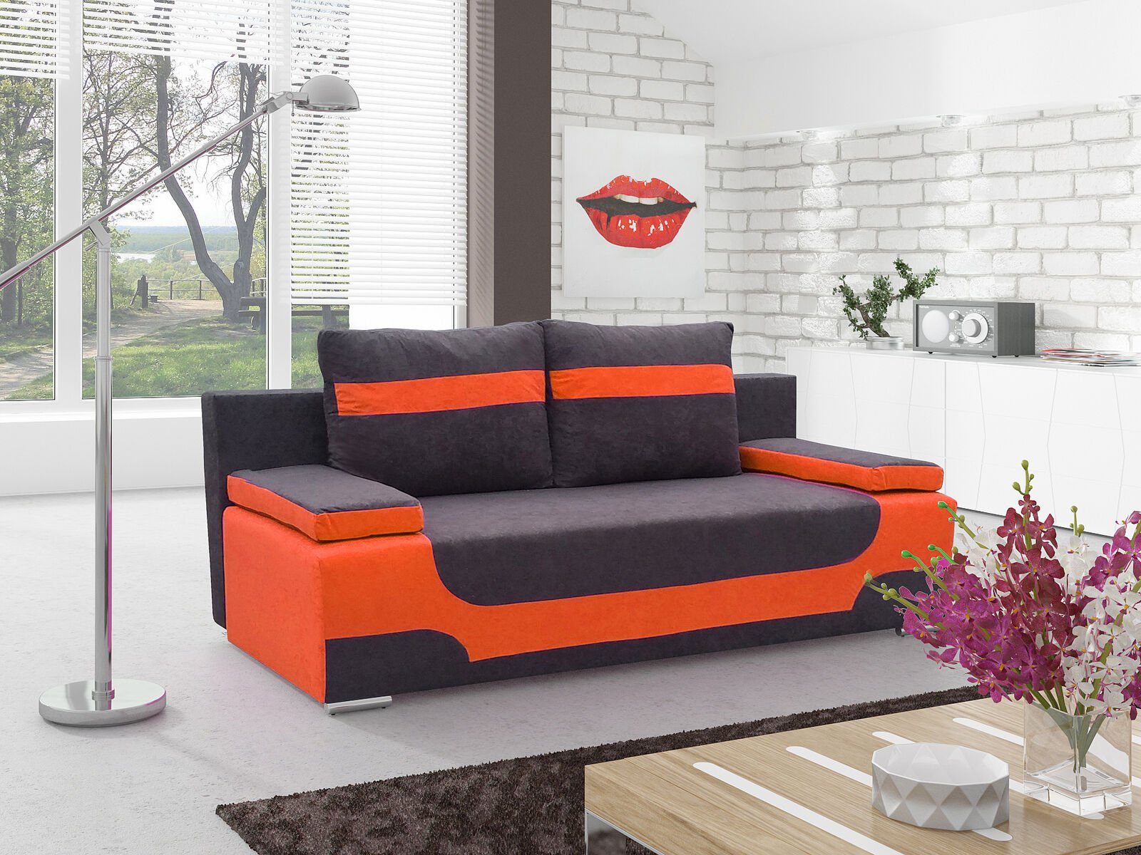 JVmoebel Sofa, Multifunktion Büro Couch Schlafsofa Textil Big Sofa Couchen 3Sitzer Schwarz / Orange