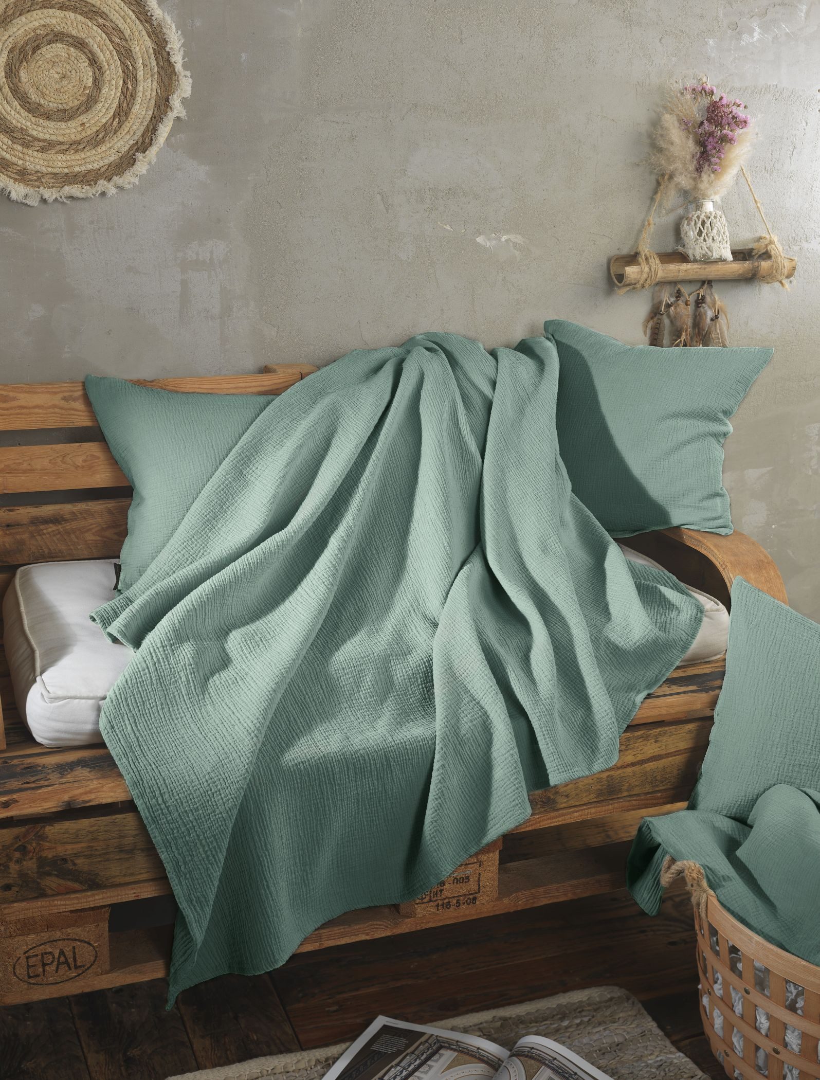 Wolldecke Set Musselin 150x200 Design Matcha Gruen, pure hug, Sommer Geschenke Idee Frauen Männer weich sale Reißverschluss Partner