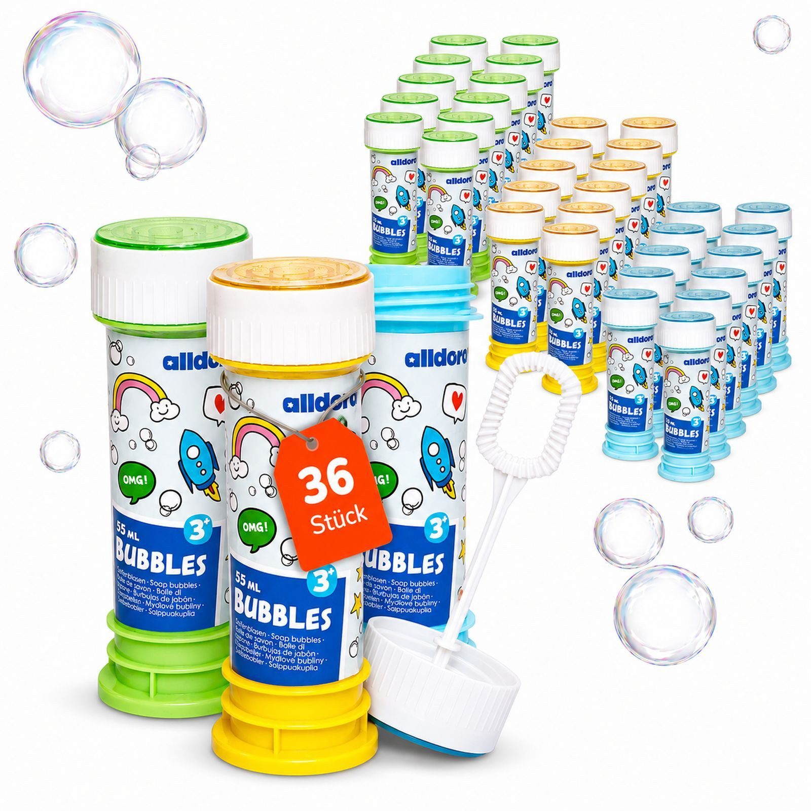 alldoro Seifenblasenstab 36er Seifenblasen-Set, Seifenblasenstäbe mit Murmelspiel im Deckel, Bubbles für Party, Kindergeburtstag, Hochzeit & Mitgebsel ab 3 Jahren