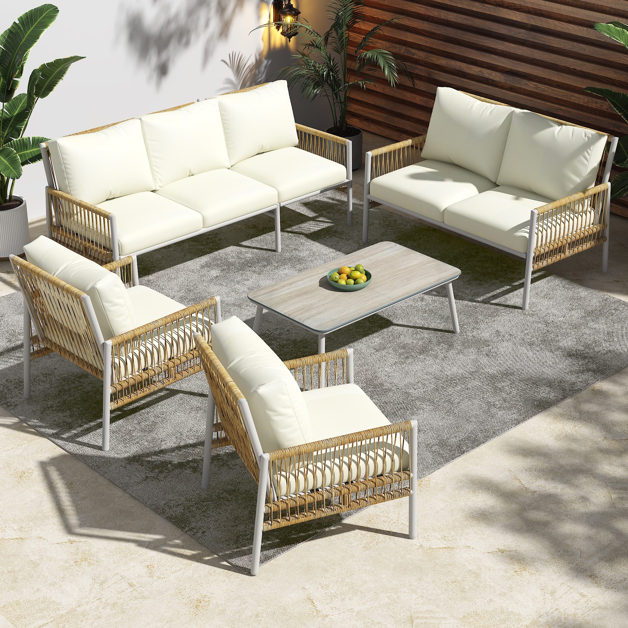 BlingBin Gartenlounge-Set Gartenmöbel-Set 7-Sitzer, Garten-Essgruppe, 1 Couchtisch, PE-Rattan, (5er Set, 5-tlg., Verzinktes Stahlrohr, Gehärtetes Glas (Massivholzmaserung Imitiert), Sitzkissen Abnehmbar und Waschbar, Beige