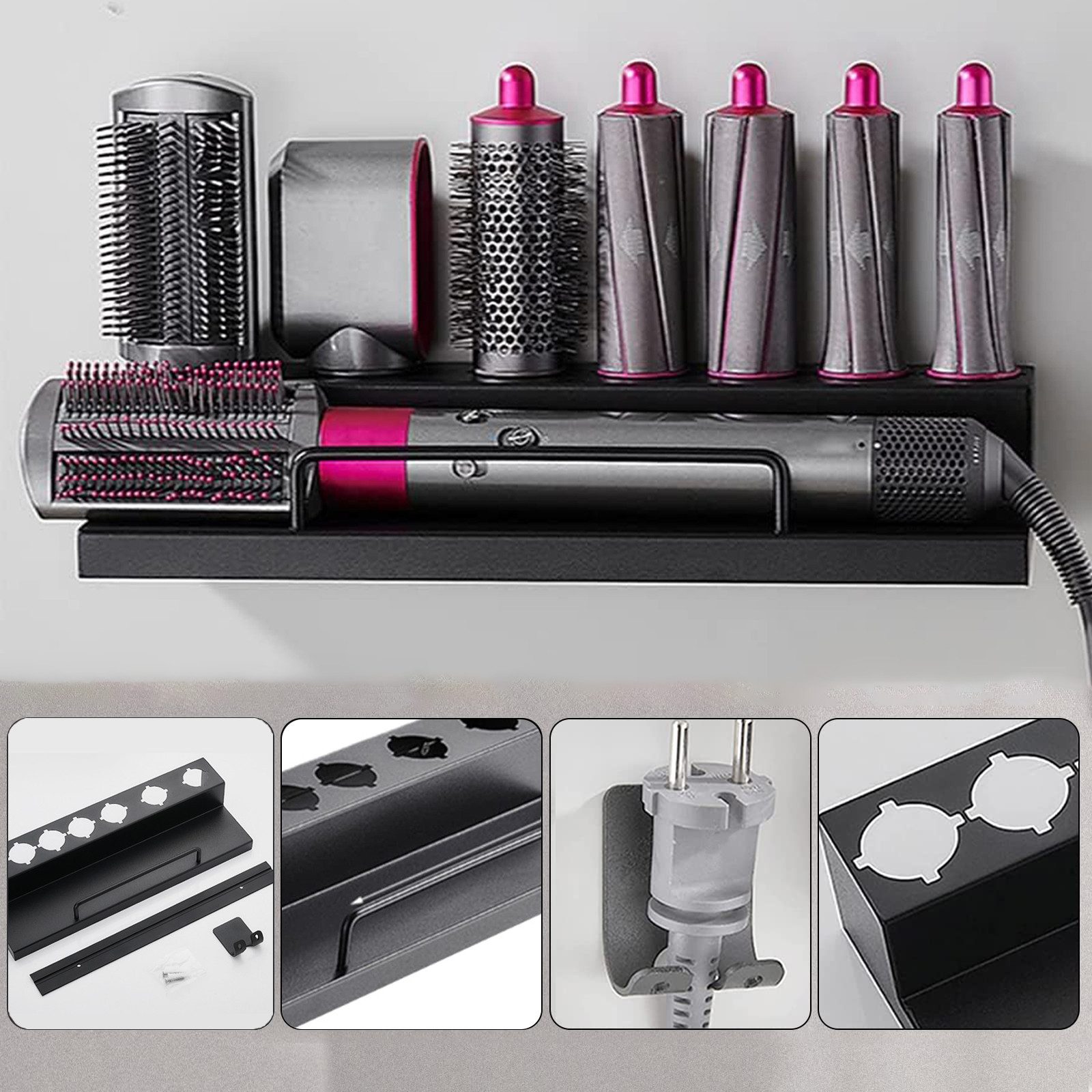 MOPUEA Haartrocknerhalter und Glätteisenhalter Multifunktionale Wandhalterung für Haarstylinggeräte,kein Bohren nötig, (Aufbewahrungsregal-Set für Lockenstab, Glätteisen und Zubehör, Enthält Wandhalterung, stark haftenden Kleber für Bad und Schlafzimmer, Edelstahl, rostfrei, korrosionsbeständig, hoher Schutzrand, rutschfest)