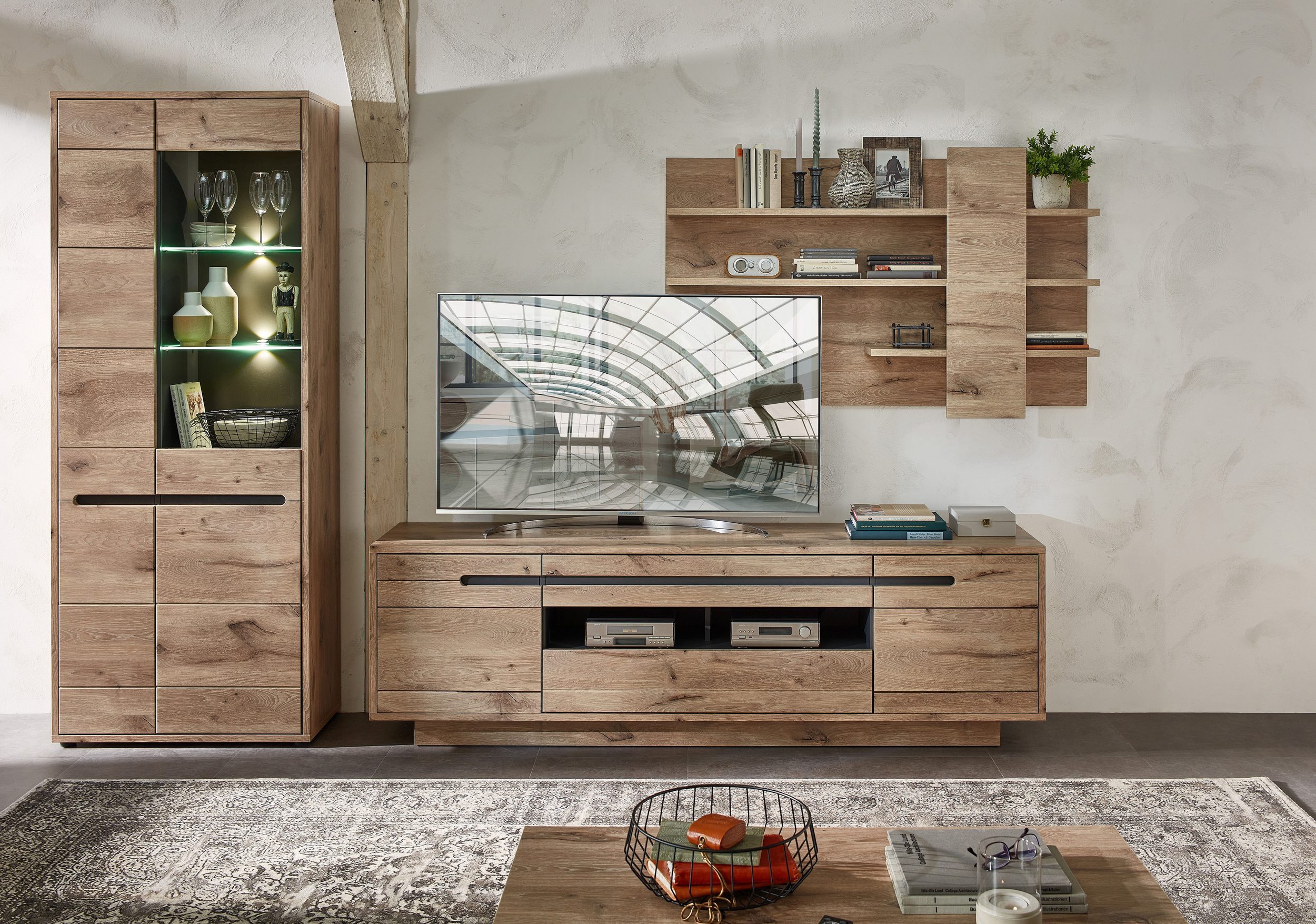 Innostyle Wohnwand Wohnzimmerschrank Wohnlösung BELLANO Viking Oak Nature Nachbildung, (Komplett-Set, 3-St., 1x Wohnwand)