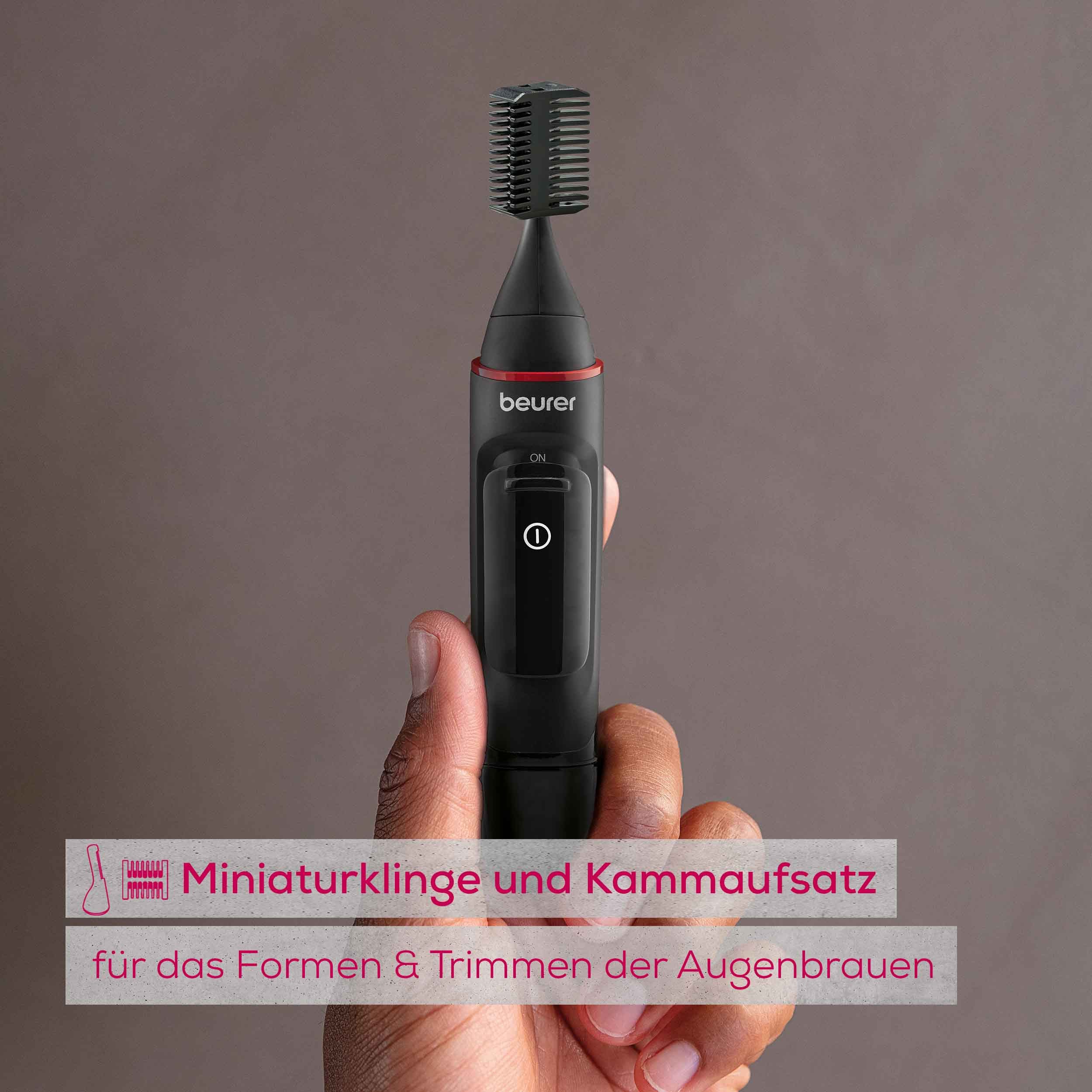 BEURER Nasen- und Ohrhaartrimmer MN3X, Präzisionstrimmer für Augenbrauen, Nasen- sowie Ohrhaare, Mit 2 Aufsätzen und extra Kammaufsatz mit 3 und 6 mm