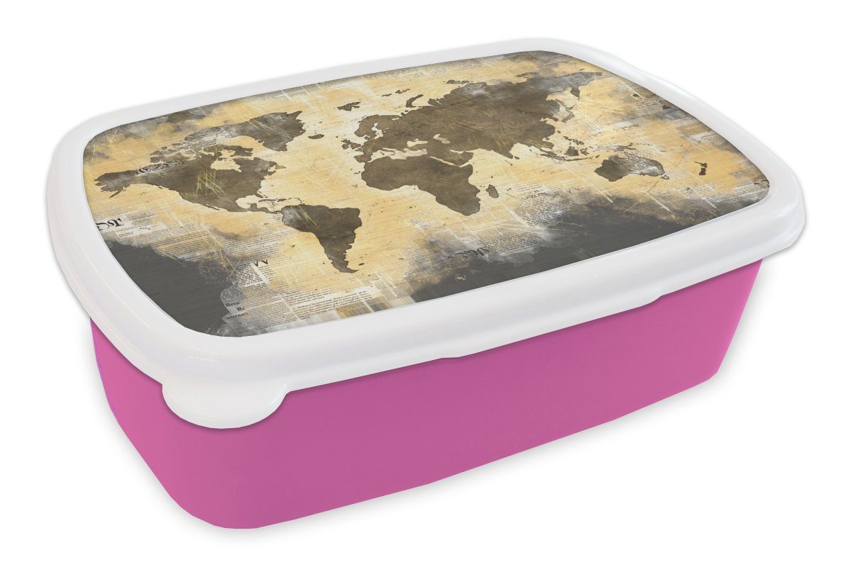 MuchoWow Lunchbox Weltkarte - Gold - Zeitung, Kunststoff, (2-tlg), Brotbox für Erwachsene, Brotdose Kinder, Snackbox, Mädchen, Kunststoff rosa