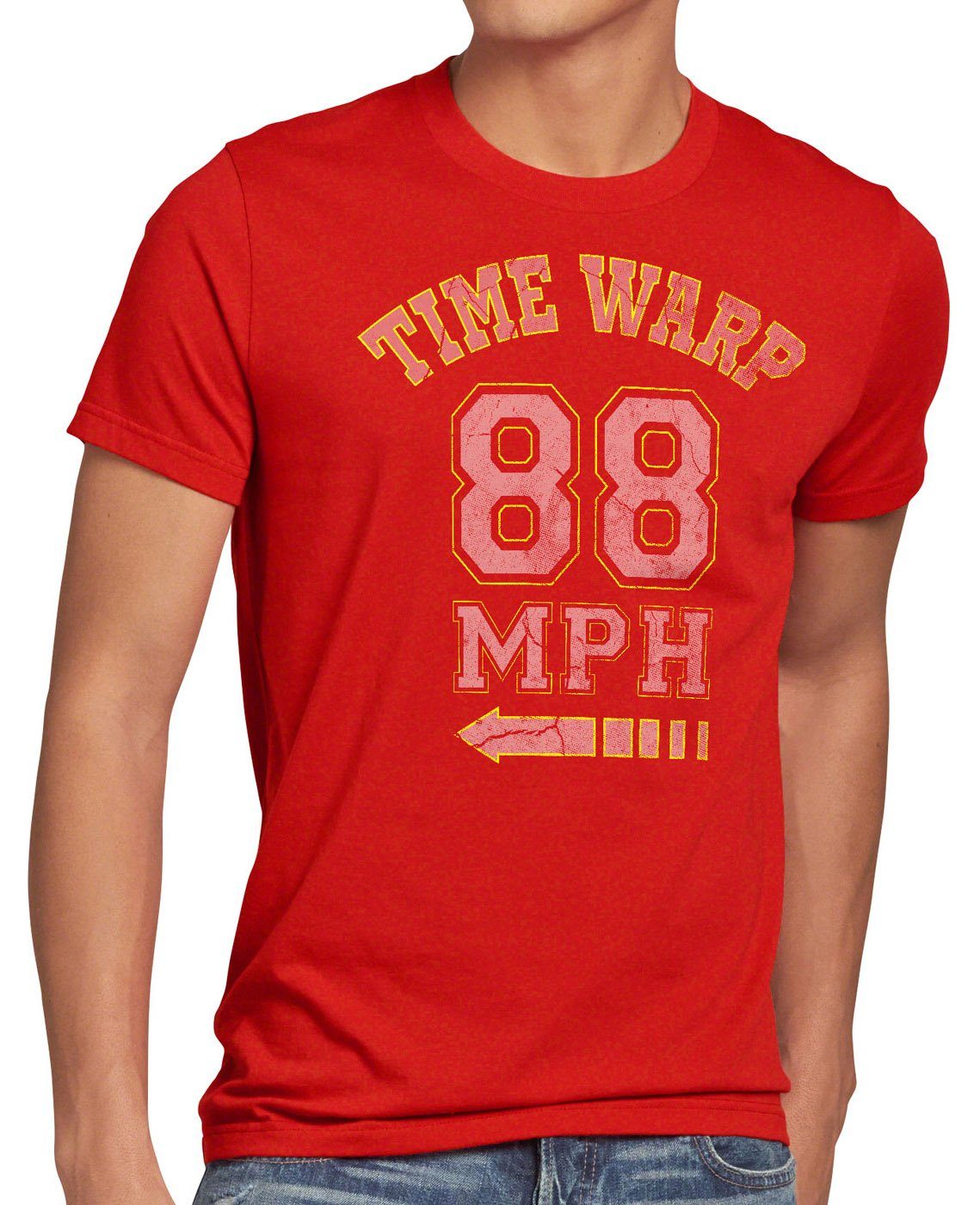 style3 Print-Shirt Herren T-Shirt Time Warp 88mph Flux Future Fly Zukunft Zurück Zeitreise delorean rot