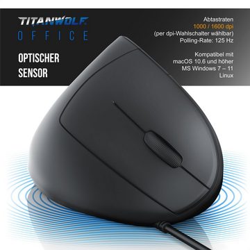 Titanwolf ergonomische Maus (kabelgebunden, Vertikal, optisch, USB, kabelgebunden, Armschonend, 1600 dpi)