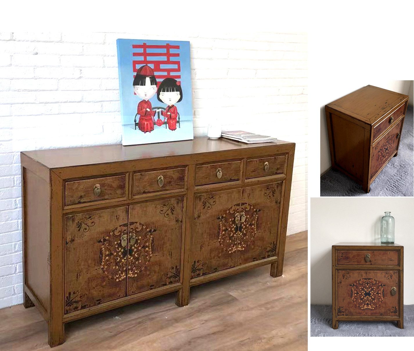 OPIUM OUTLET Schlafzimmer-Set Vintage Asia Schrank / Kommode mit 2 passenden Nachttischen, (Schlafzimmer-Set, Ein Sideboard, Zwei Nachtkommoden im Vintage-Stil), Chinesisches Sideboard mit 2 Nachtkästchen Schränkchen Nachtkonsolen