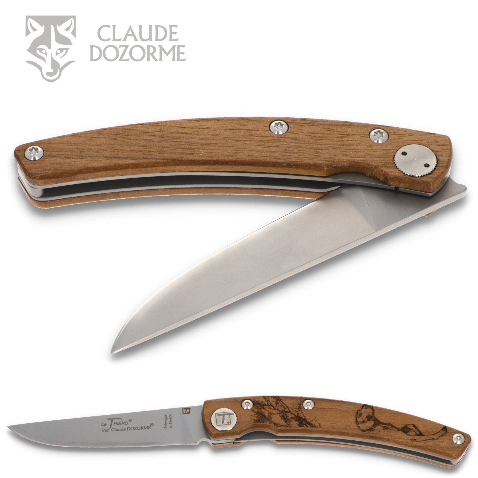 Claude Dozorme Taschenmesser 1.90.171.06CH, Le Thiers "Hund" - Griff 12.5 cm Nussbaum - LinerLock - Stahl matt