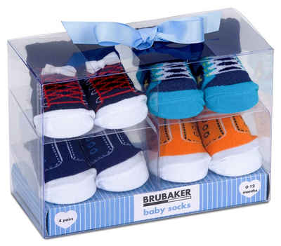 BRUBAKER Strümpfe Babysocken für Jungen und Mädchen 0-12 Monate (4-Paar, Baumwollsocken im Sneaker Style) Turnschuh Design, Baby Geschenkset für Neugeborene in Geschenkverpackung mit Schleife, Schuh Optik