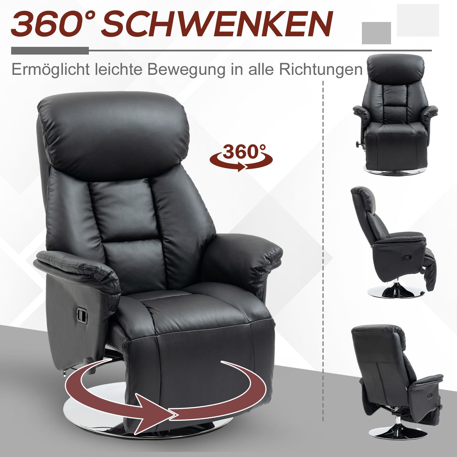 HOMCOM Relaxsessel Fernsehsessel mit Liegefunktion, drehbar, gepolstert, Ruhesessel (Fernsehsessel, 1-St., Liegesessel), für Wohnzimer, Schwarz – Bild 5 von 5