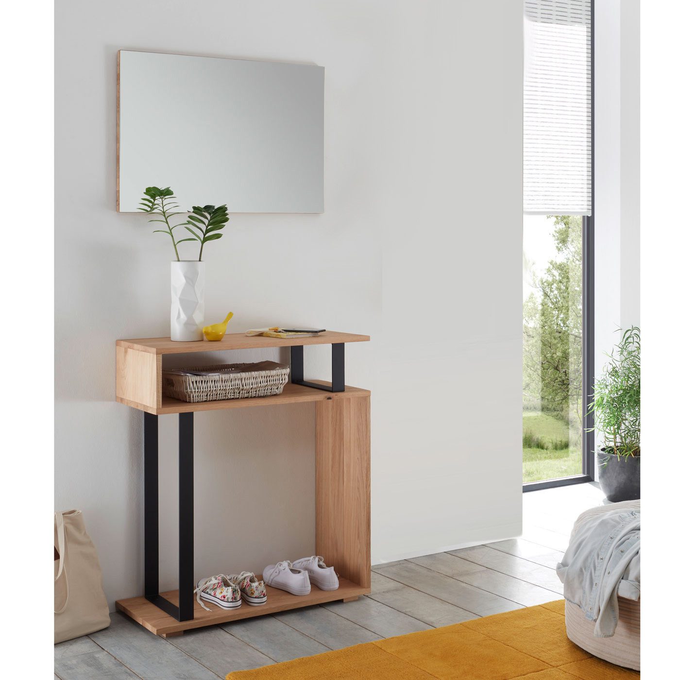 Möbel Akut Garderoben-Set Garderobenset Lucio 2-teilig, Eiche massiv Metallgestell schwarz