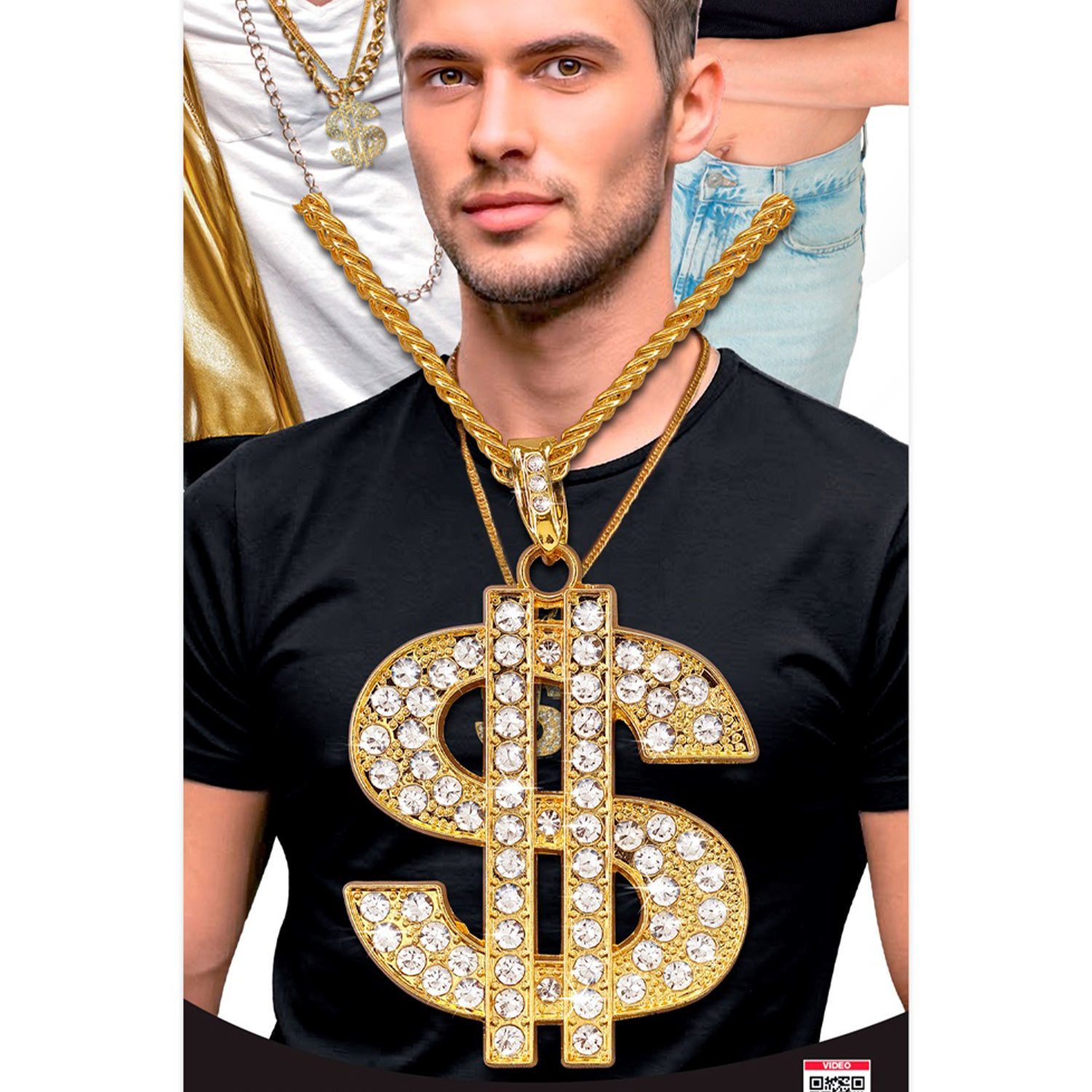 Widmann S.r.l. Kostüm Strass Dollar Halskette 65 cm, Gold