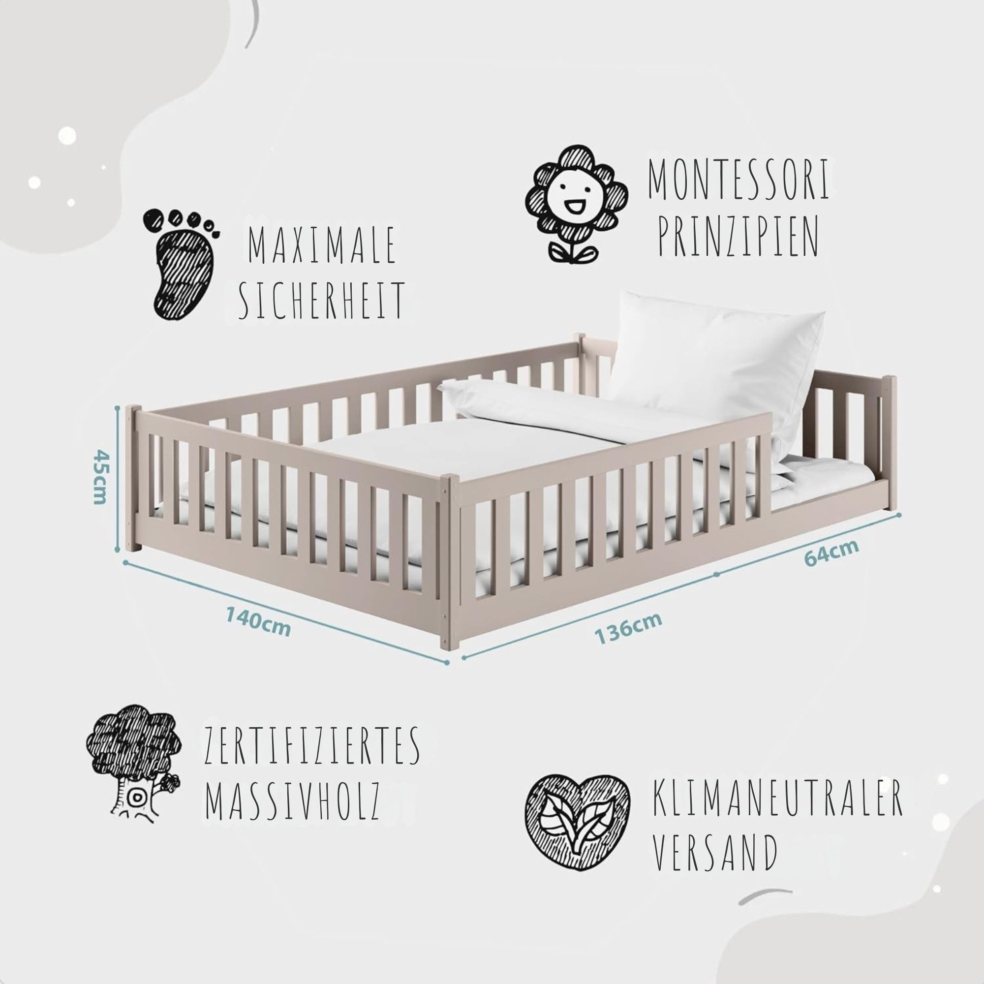Kids Collective Kinderbett Bodenbett Bett mit Rausfallschutz & Lattenrost Montessori Bett Kinder (weitere Größen 80x160, 80x180, 90x190, 90x200, 120x200 cm), Jugendbett Einzelbett optional mit Matratze Kaschmir Kiefer 140x200 cm