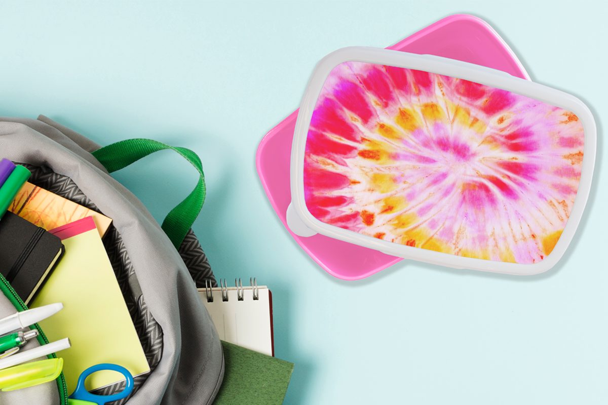 MuchoWow Lunchbox Sommer - Krawattenfärbung für Kinder, Kunststoff - Farben, Erwachsene, Kunststoff, Mädchen, rosa Brotbox Snackbox, (2-tlg), Brotdose
