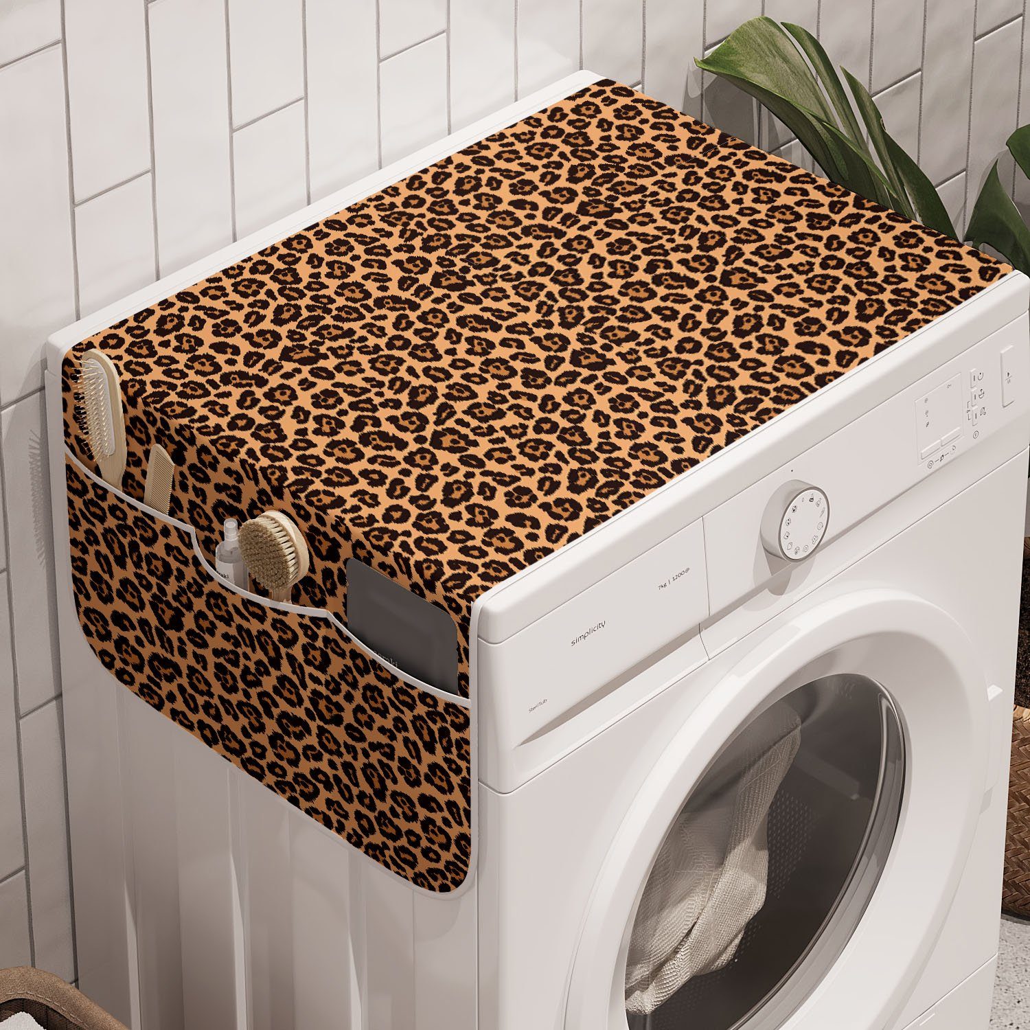Abakuhaus Badorganizer Anti-Rutsch-Stoffabdeckung für Waschmaschine und Trockner, Leopard-Druck Orange Exotische Afrikanische