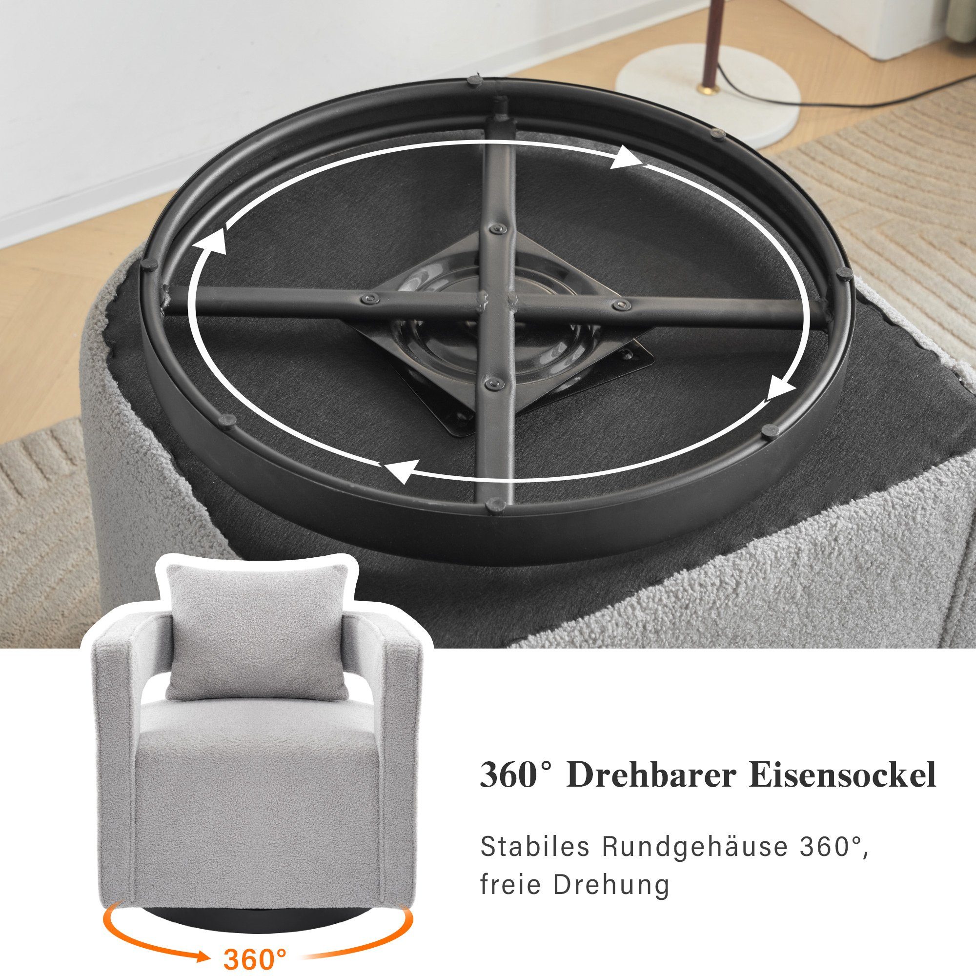 Merax Drehsessel mit Rückenkissen, Einzelsessel Loungesessel aus Bouclé-Stoff, Grau Einzelsofa Drehfunktion, mit 360° Polstersessel
