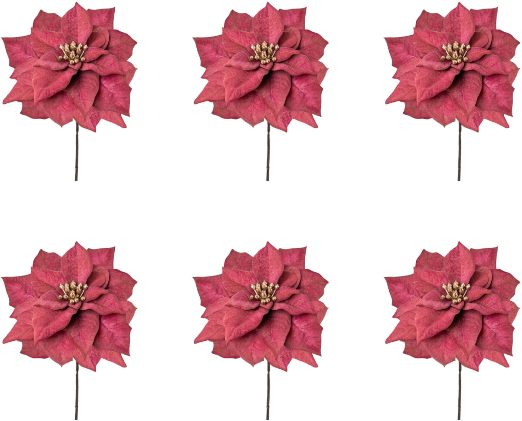 Winterliche Kunstpflanze Weihnachtsdeko rot Weihnachtsstern, Creativ green, Höhe 56 cm, mit goldfarbenfarbenem Blütenkelch, 6er-Set