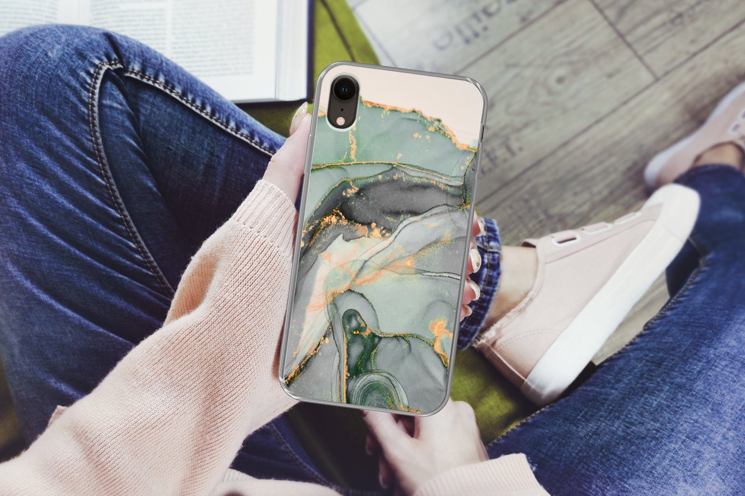 MuchoWow Handyhülle für Apple iPhone XR Gold - Marmor - Grün - Luxus - Glitzer - Marmoropt, Smartphone-Bumper, Print, Handy Schutzhülle Dünn