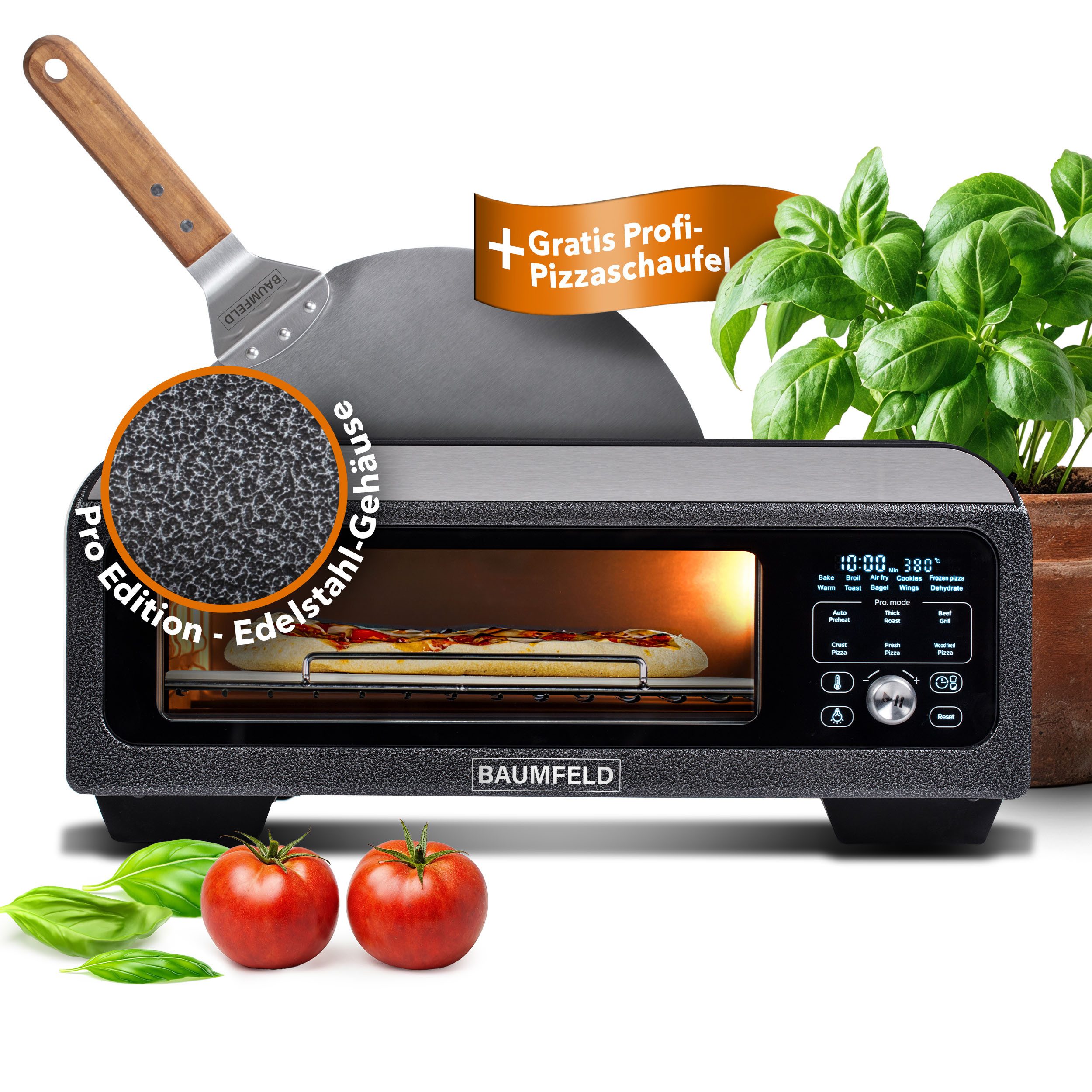 BAUMFELD Pizzaofen BAUMFELD PizzaAirfryer400 – 12-in-1-Multifunktionsofen inkl. Zubehör, Baumfeld, Pizzaofen, Airfryer, 400 °C, 12-in-1-Multifunktionsofen