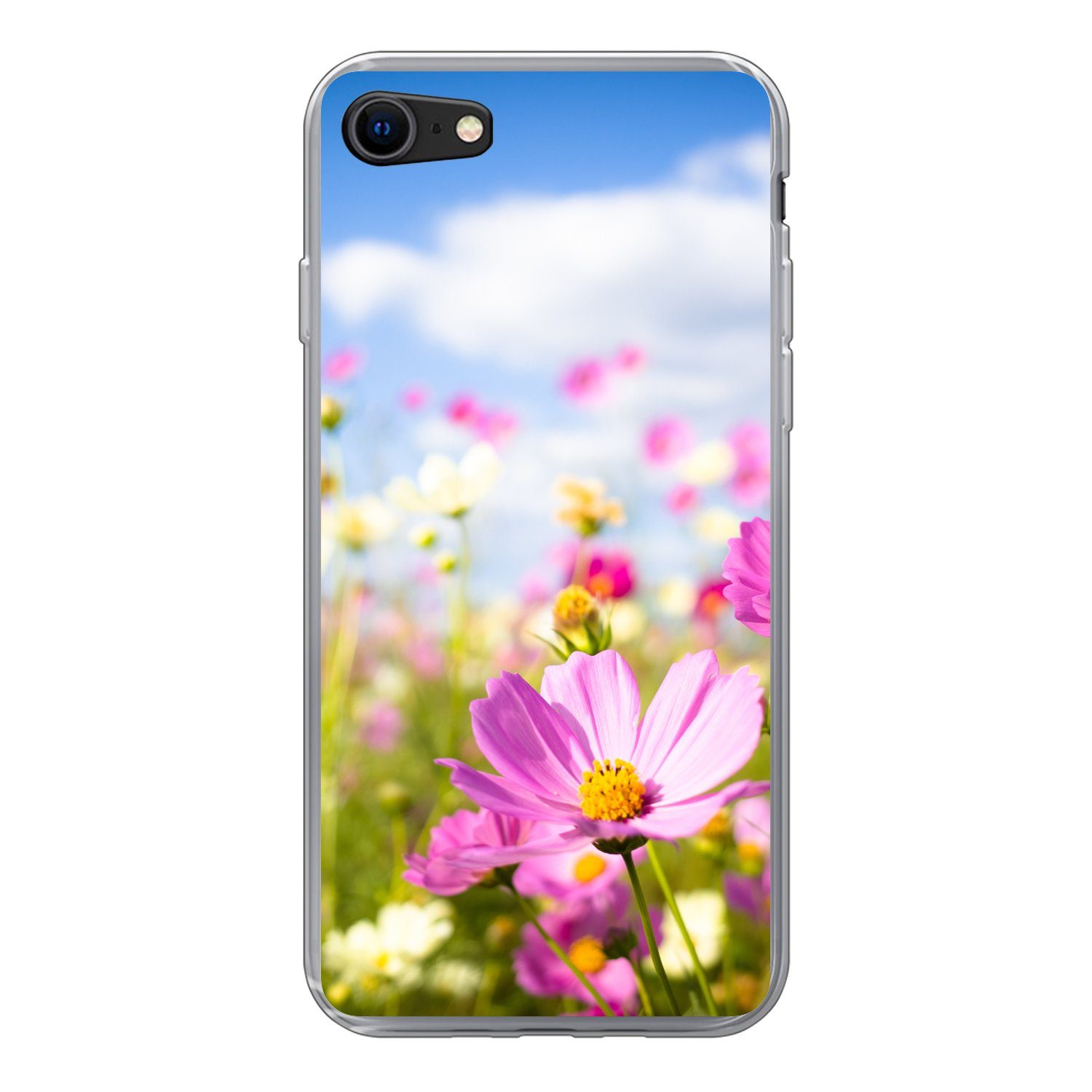 MuchoWow Handyhülle für Apple iPhone 7 Blumen - Wiese - Lila - Gras - Weiß - Wolken - Blau, Smartphone-Bumper, Print, Handy Schutzhülle Dünn