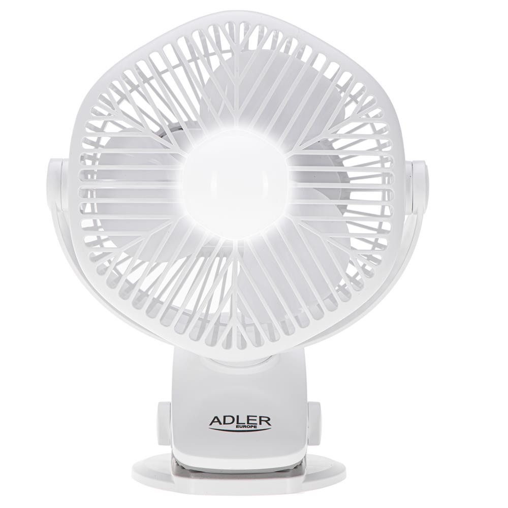 ADLER EUROPE Akku-Ventilator AD 7335 mit Clip, LED Lampe, 3 Geschwindigkeiten, 360 Grad drehbar, USB, Tischventilator für Camping, Büro, Wohnmobil und Reise