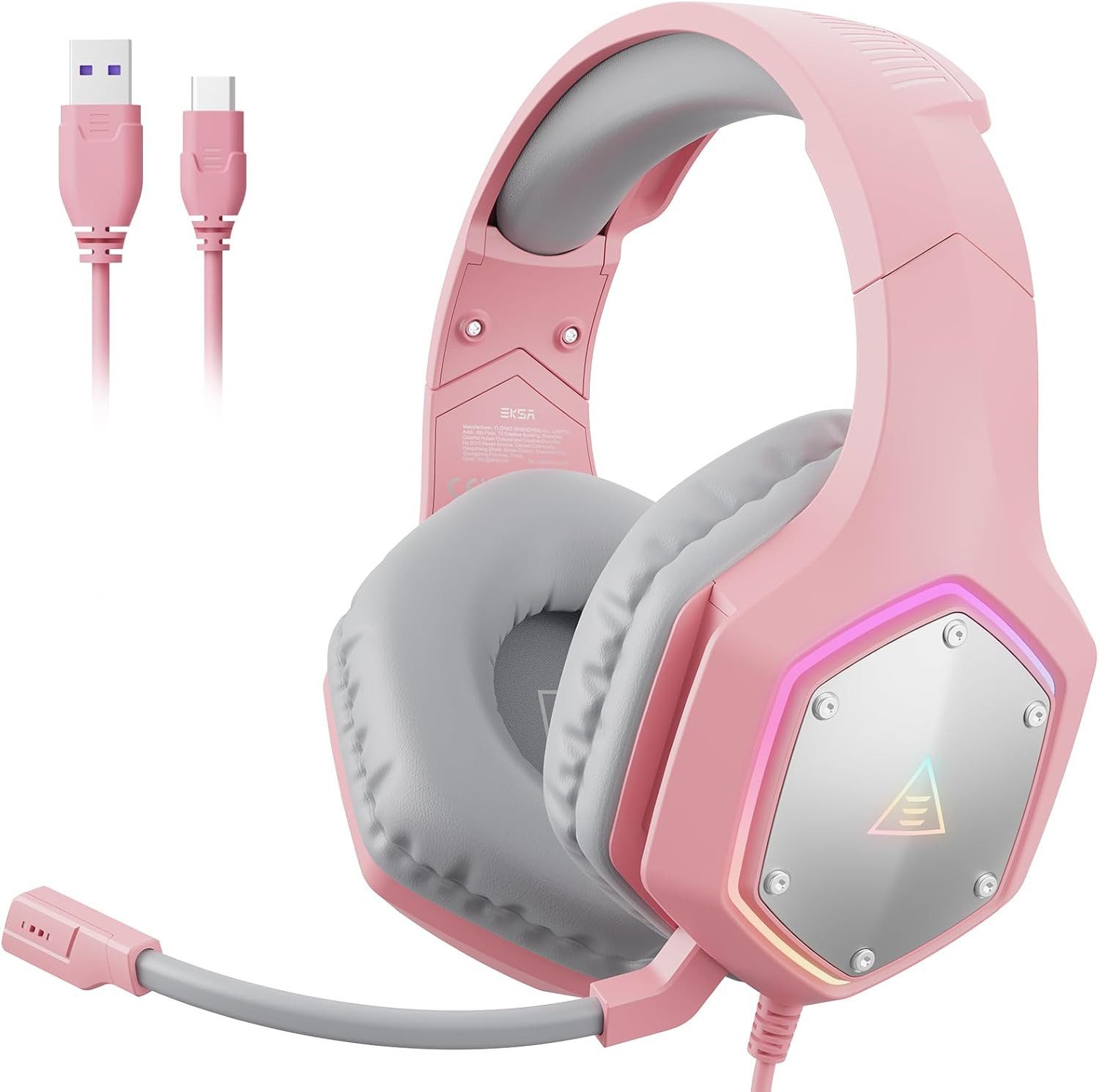 EKSA USB mit Mikrofon und Surround Sound Gaming-Headset (Ergonomische Ohrhaken und weiche Silikonaufsätze garantieren sicheren Halt und hohen Komfort bei intensiven Bewegungen., RGB Over-Ear Kopfhörer für PC PS4 PS5 mit Noise Cancelling Mikrofon)