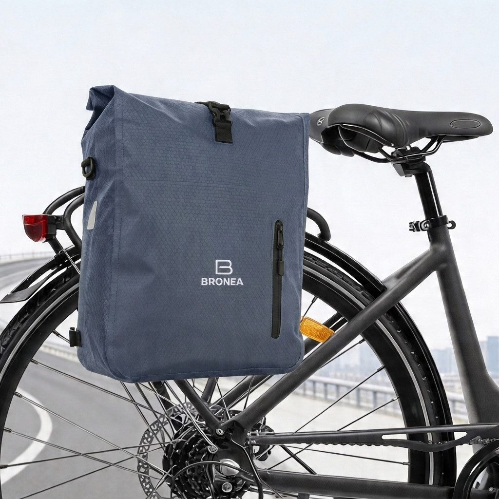 Bronea Fahrradtasche 3 in 1 Wasserdicht - 28L - JEANSBLAU- Kombi Rucksack & Umhängetasche - (Schnellmontage an Gepäckträger, integrierte Laptoptasche), Diamond-Struktur Laptoptasche 100% Wasserdicht Reflektierende Elemente