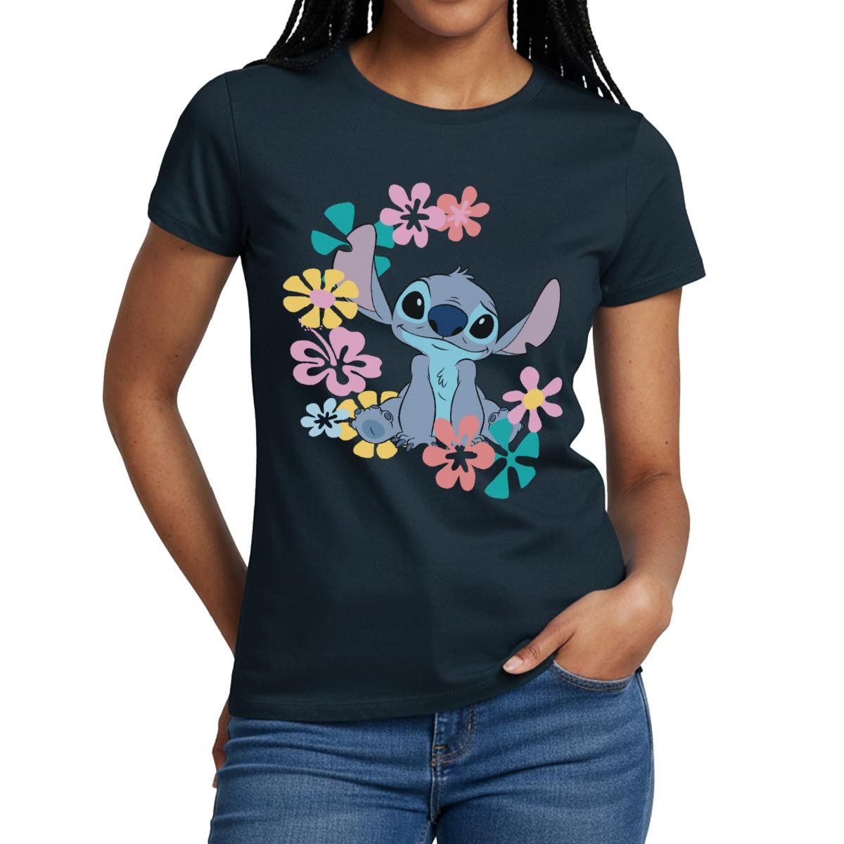 Spreadshirt T-Shirt Lilo & Stitch, Stitch Mit Hawaiianischen Blumen Frauen T-Shirt (1-tlg) Slim Fit, fällt klein aus