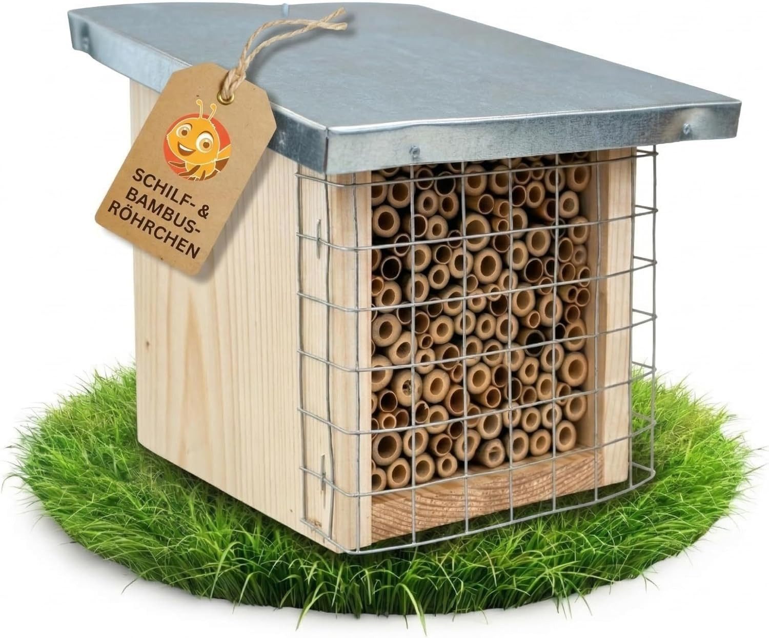 BEESI Insektenhotel mit Metalldach & Schutzgitter, Nisthilfe aus Bambus & Schilf, 4-8mm, (Packung)