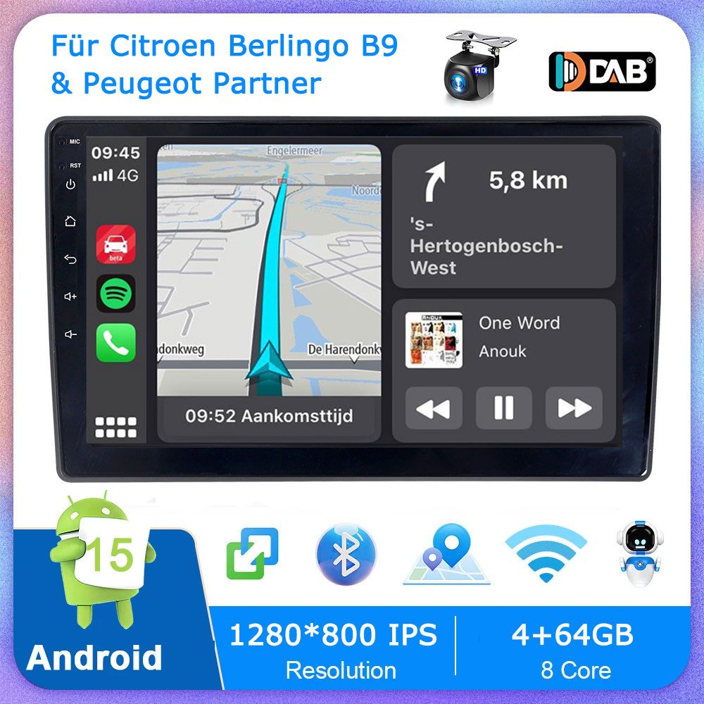 A-Sure Für Citroen Berlingo B9 & Peugeot Partner 2008-2017 Carplay 8-CORE BT Autoradio (Digitalradio (DAB), AM, 1280*800 IPS Screen RDS, DSP, GPS, SWC, Navi, UI Theme, Siri, Mirrorlink, Google play, Netflix, Youtube, Calendar, TikTok)