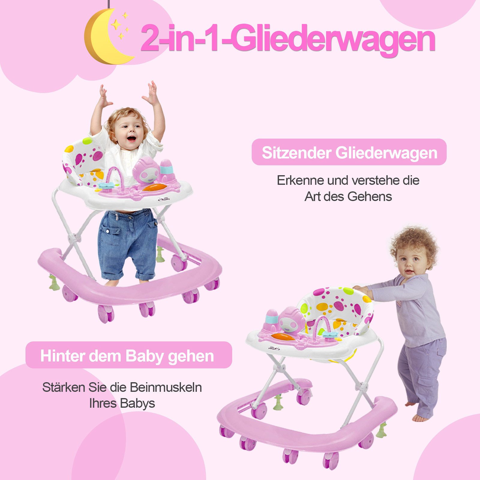 MOPUEA Lauflernwagen Lauflernwagen Spiel-und Laufwagen 4in1 Babywalker mit Kindermelodien, (Stabiler X-Rahmen mit integriertem Stoßschutz), Kompakt faltbar und einfach zu transportieren