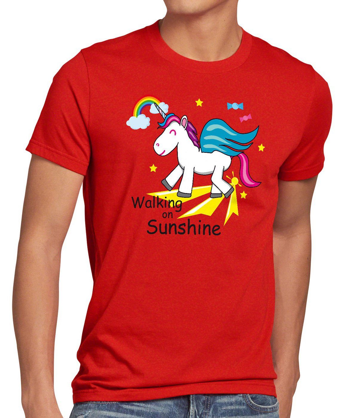 Herren T-Shirt Regenbogen Sunshine Kinder Walking Fun Print-Shirt Spruch style3 on rot Einhorn Unicorn