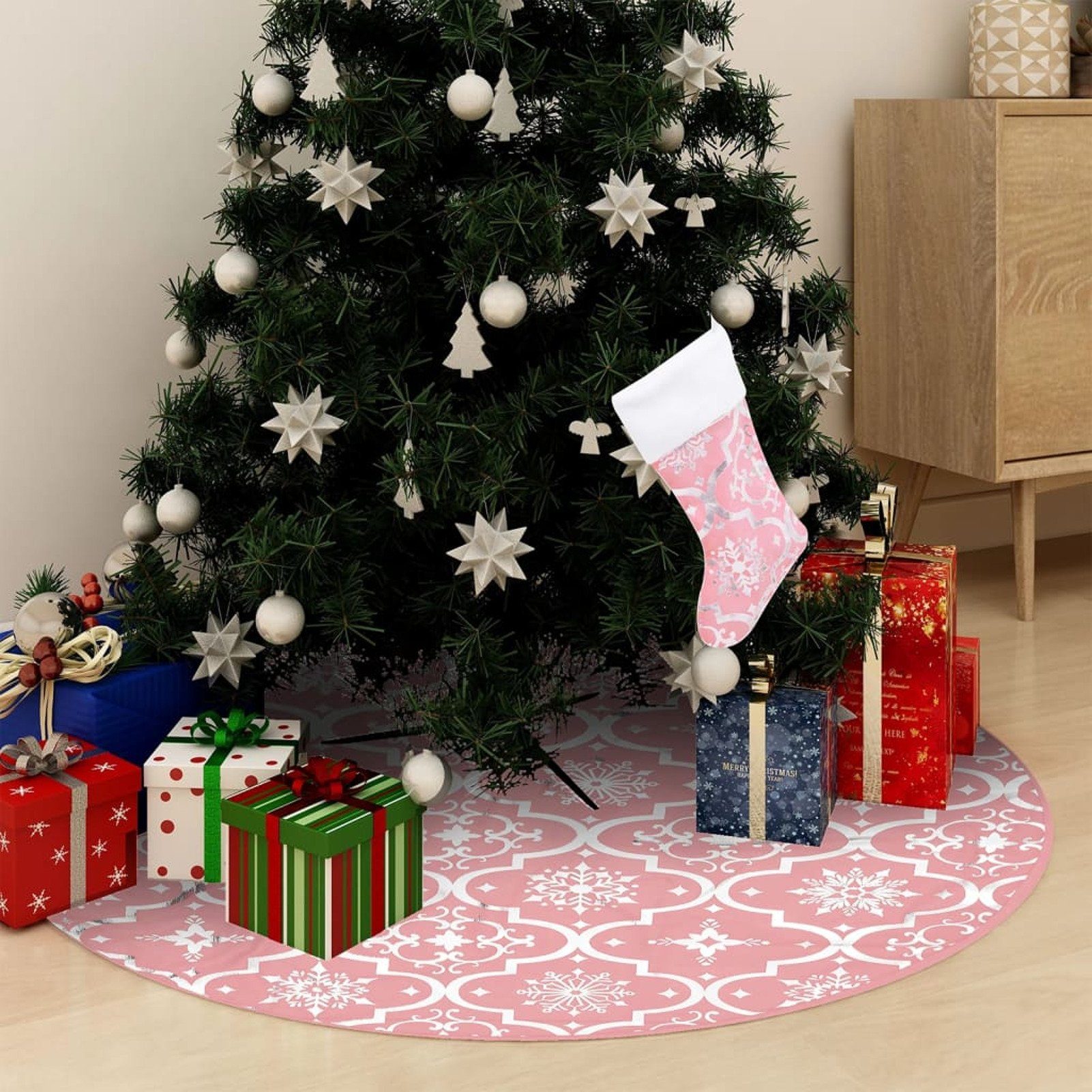 vidaXL Weihnachtsbaumdecke Luxus-Weihnachtsbaumdecke mit Socke Rosa 90 cm Stoff