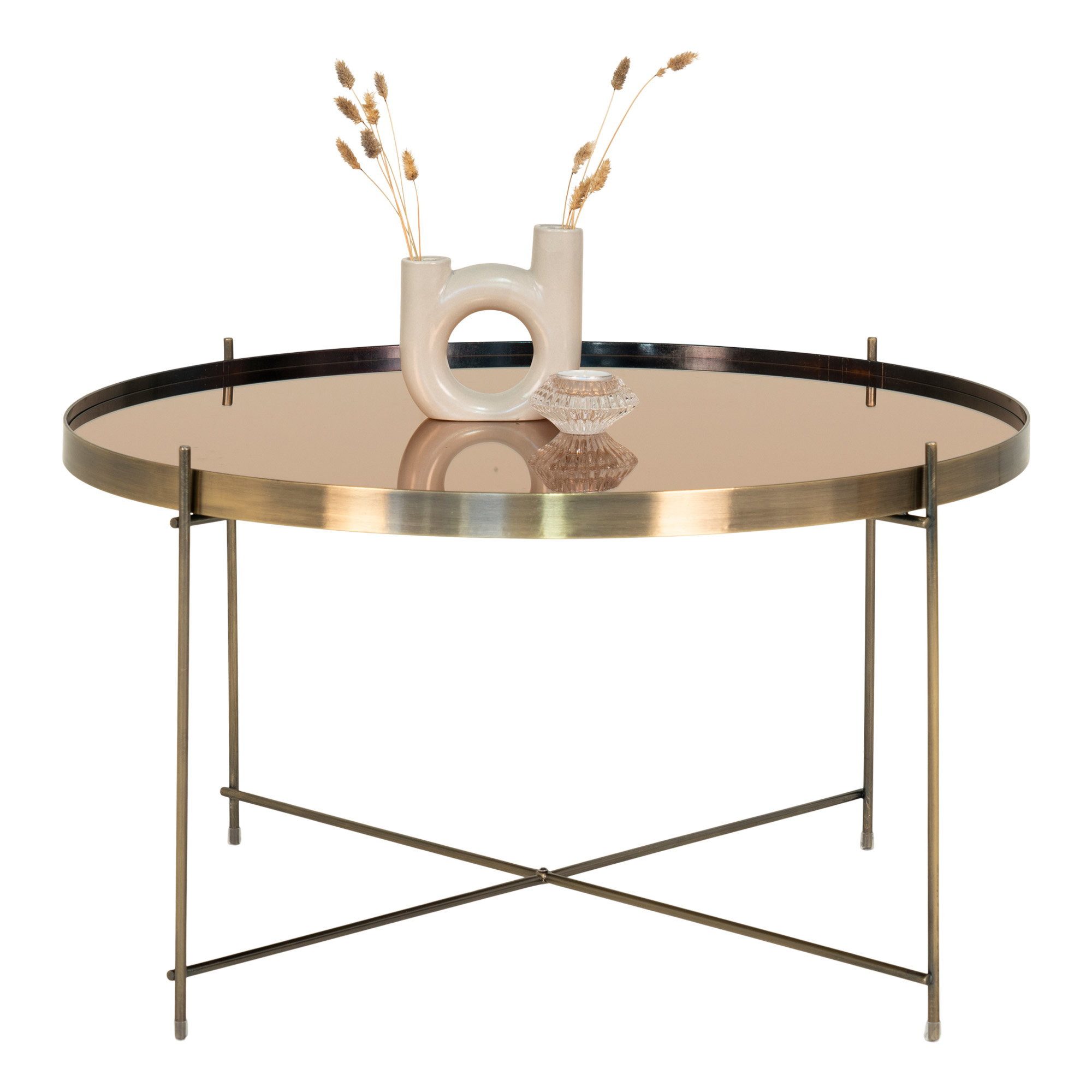 tinkaro Couchtisch Venezia Glas Stahl ø70x40cm Messing-Look (1-St), Runder Beistelltisch aus Stahl mit kompakter Ablage fürs Wohnzimmer